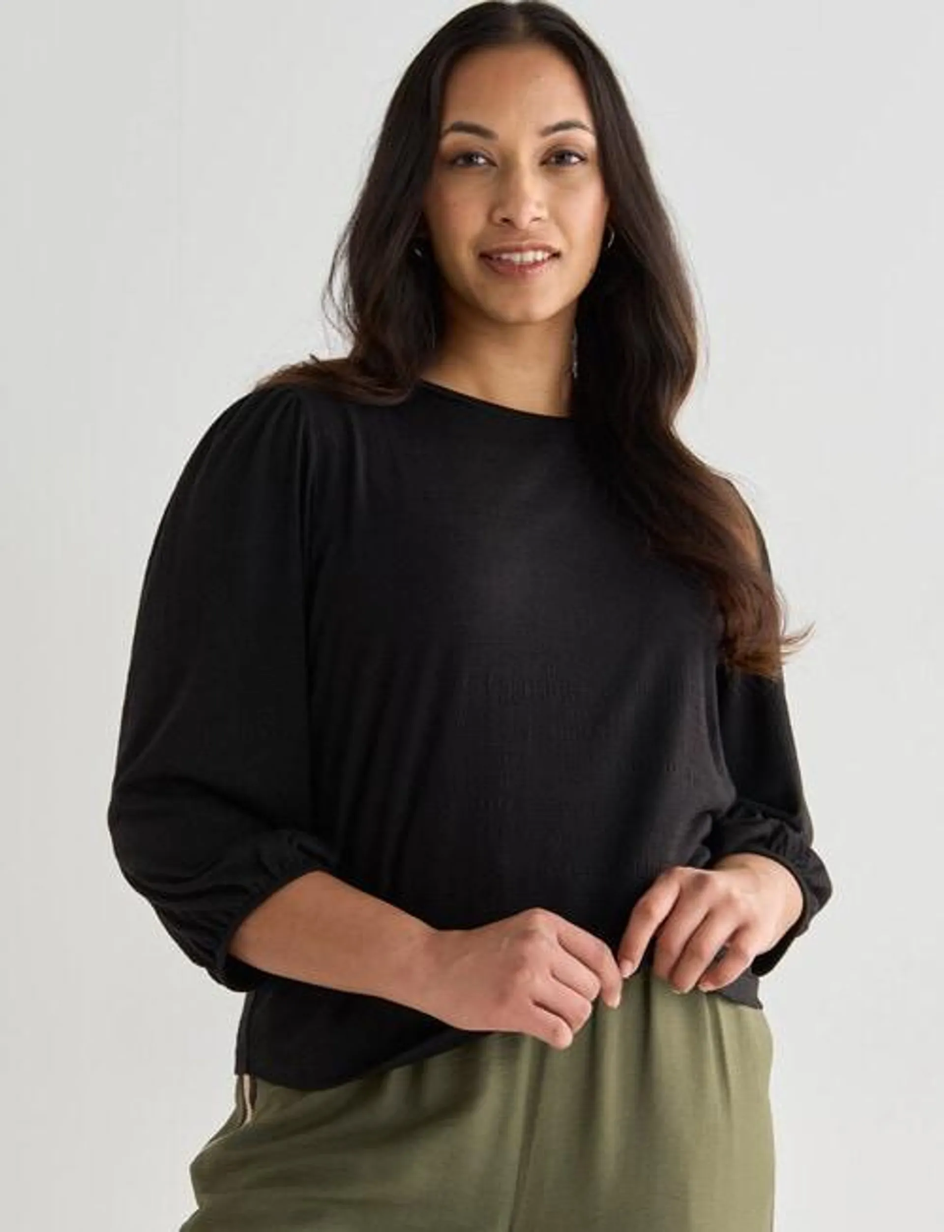 Whistle 3/4 Puff Sleeve Tee, Black