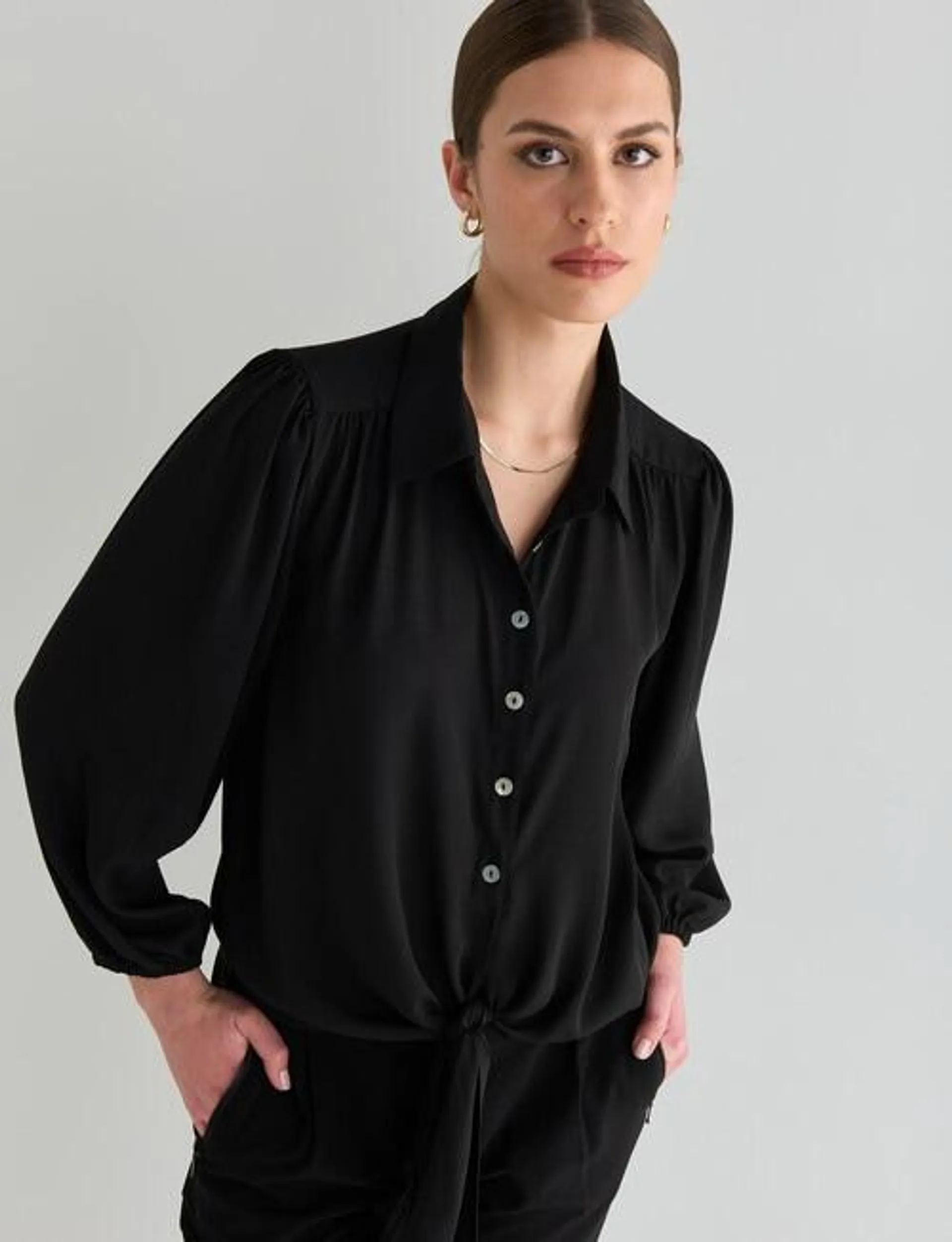 Whistle Tie Front 3/4 Sleeve Blouse, Black