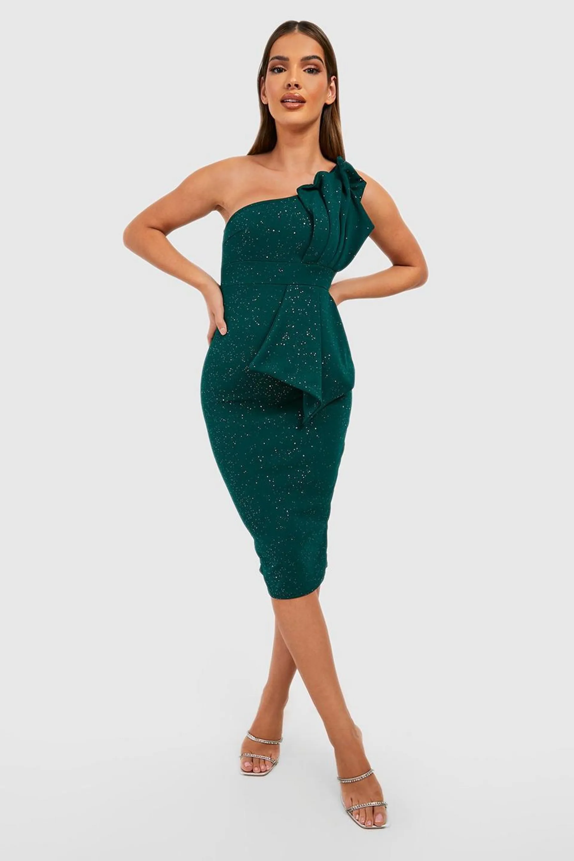 Glitter One Shoulder Pleat Detail Bodycon Dress