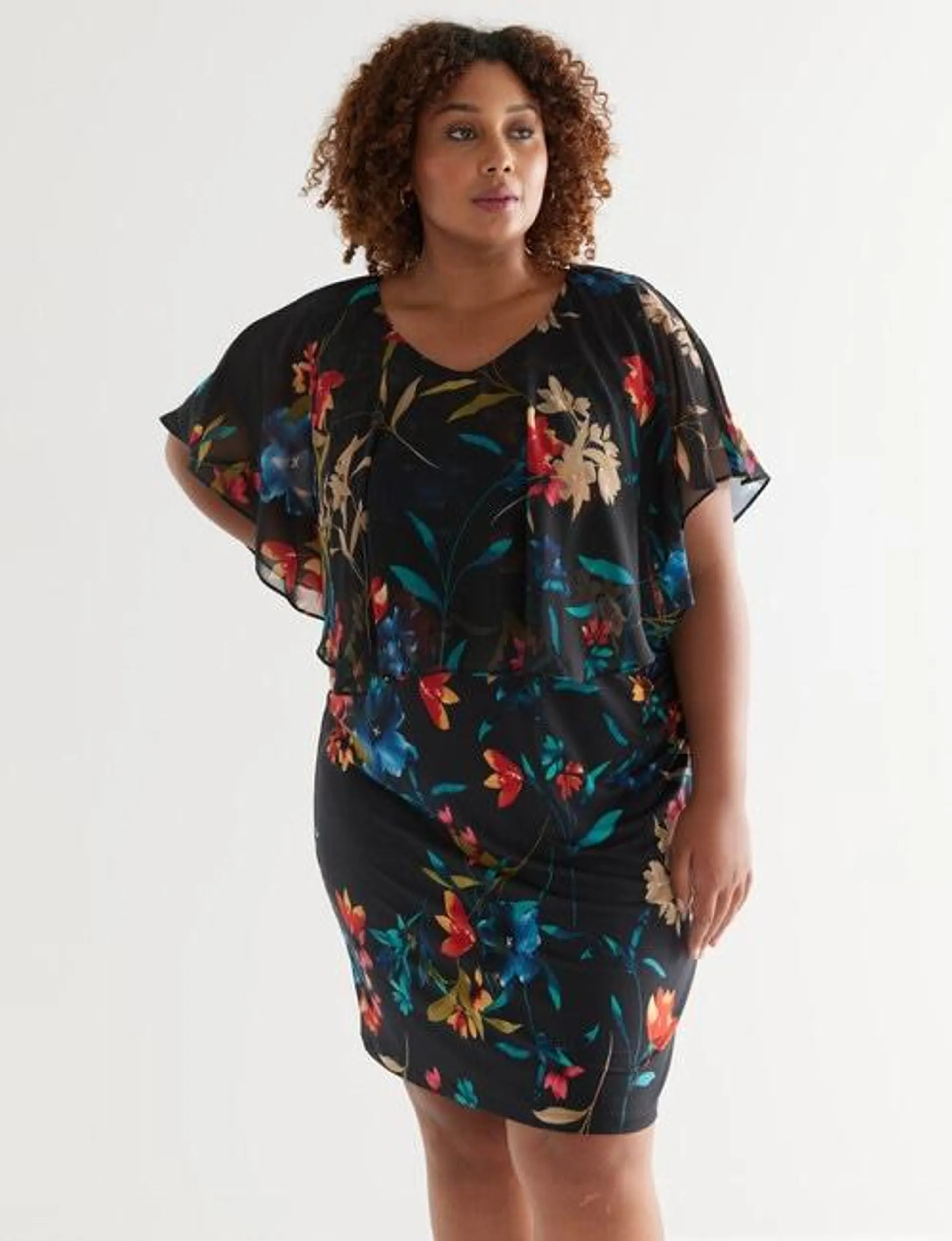 Studio Curve Floral Print Flutter Sleeve Dress, Black