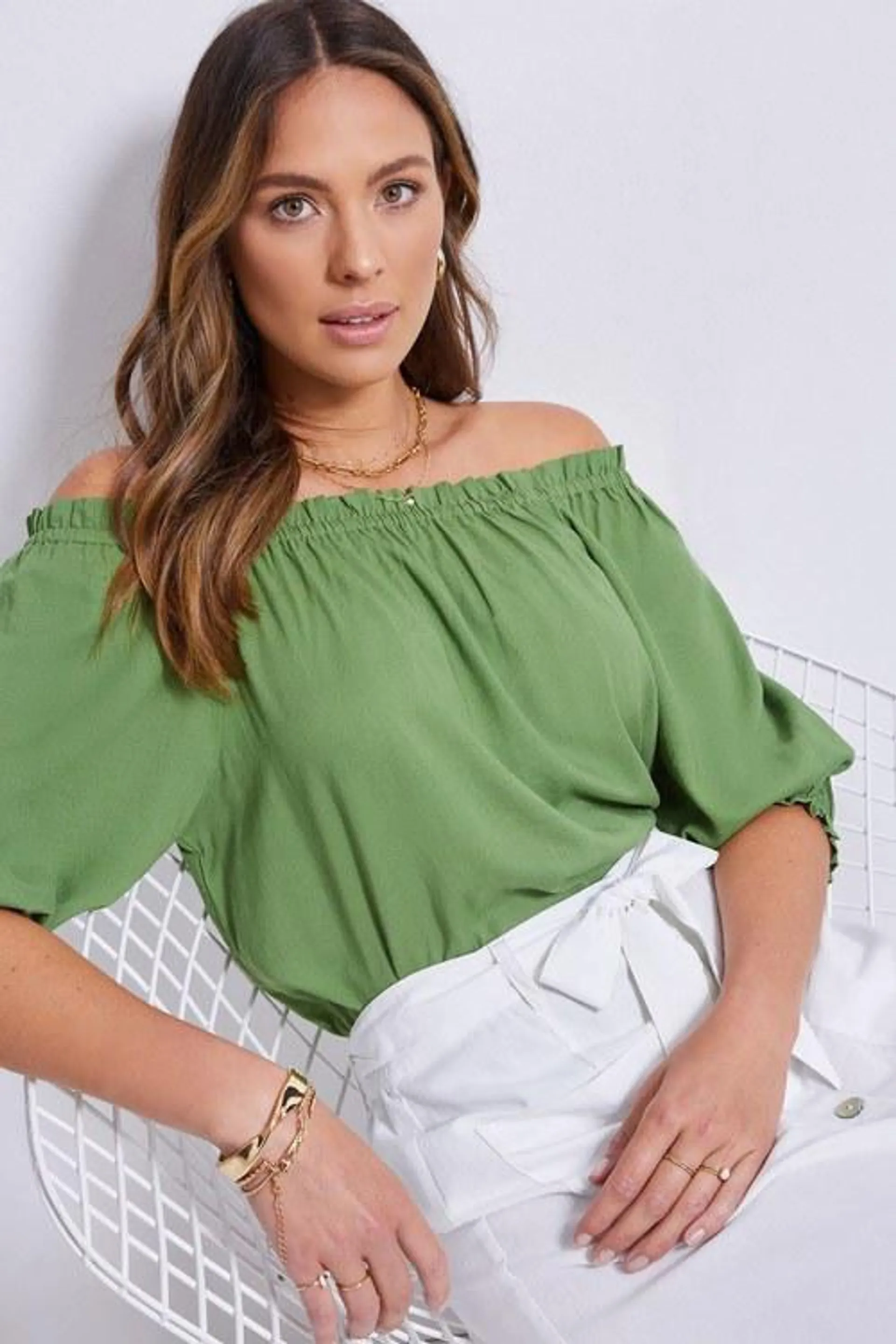 Katies 3/4 Sleeve Off The Shoulder Linen Top