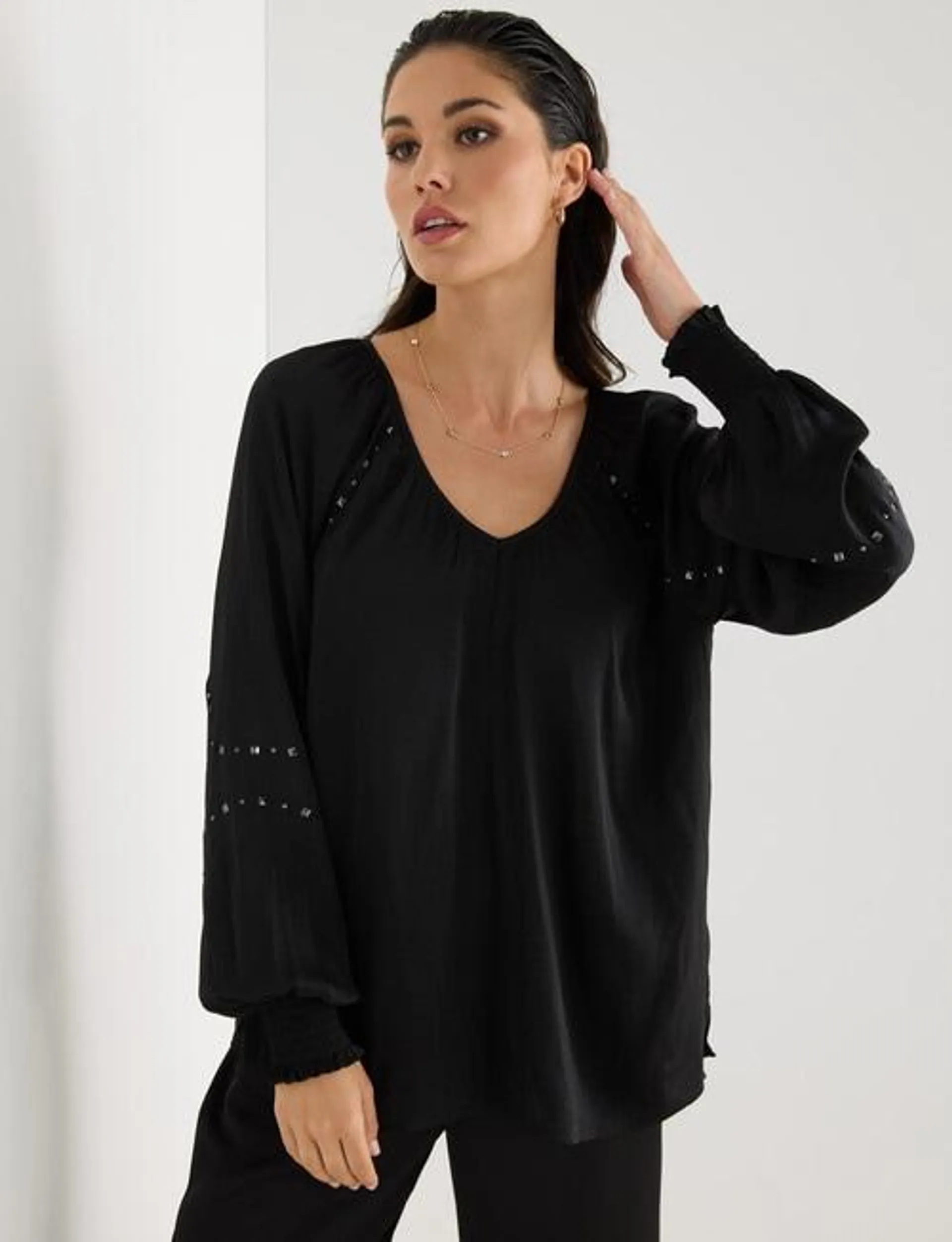 Whistle Long Sleeve Studded Evening Top, Black