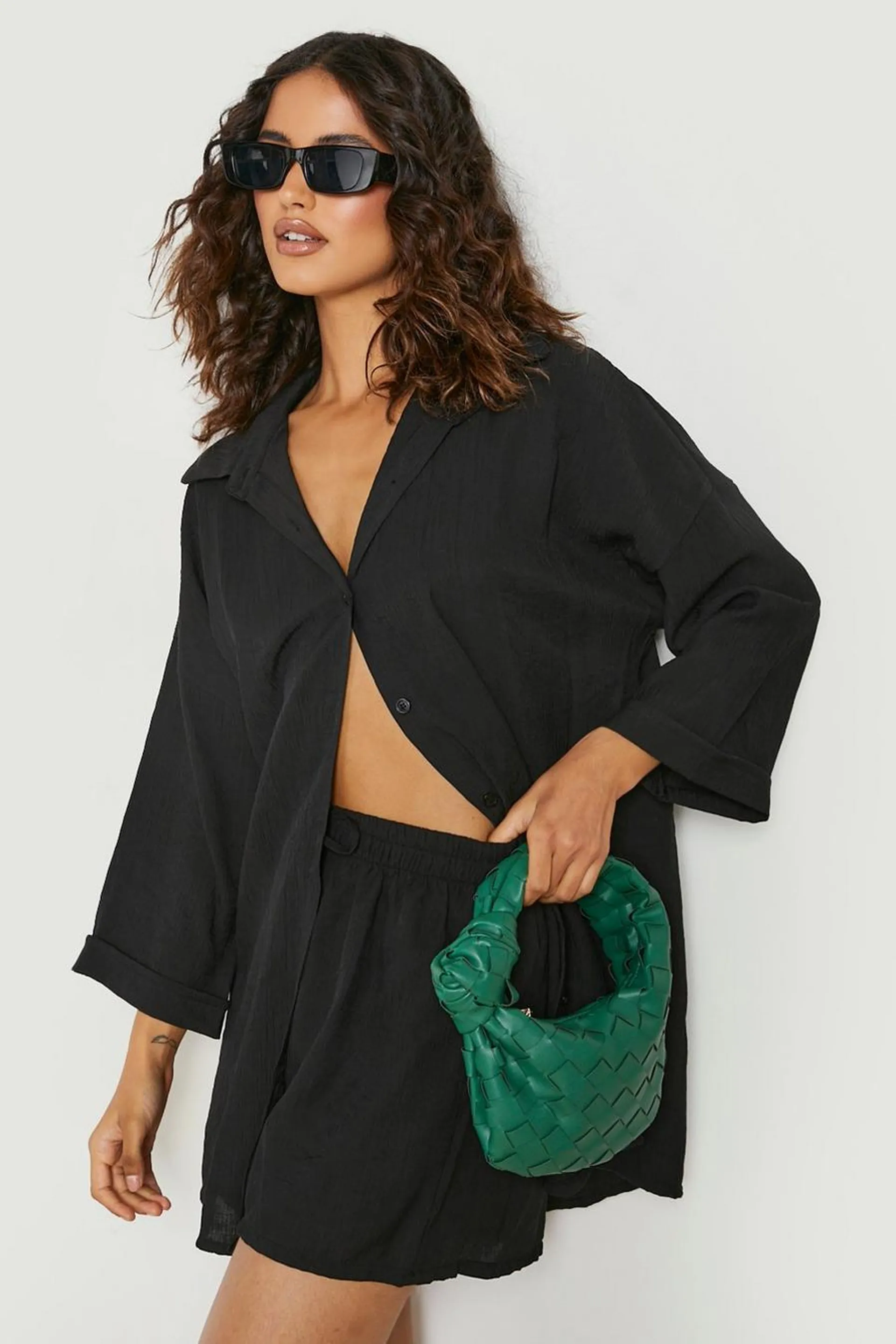 Textured Crinkle Oversized Shirt & Shorts Set