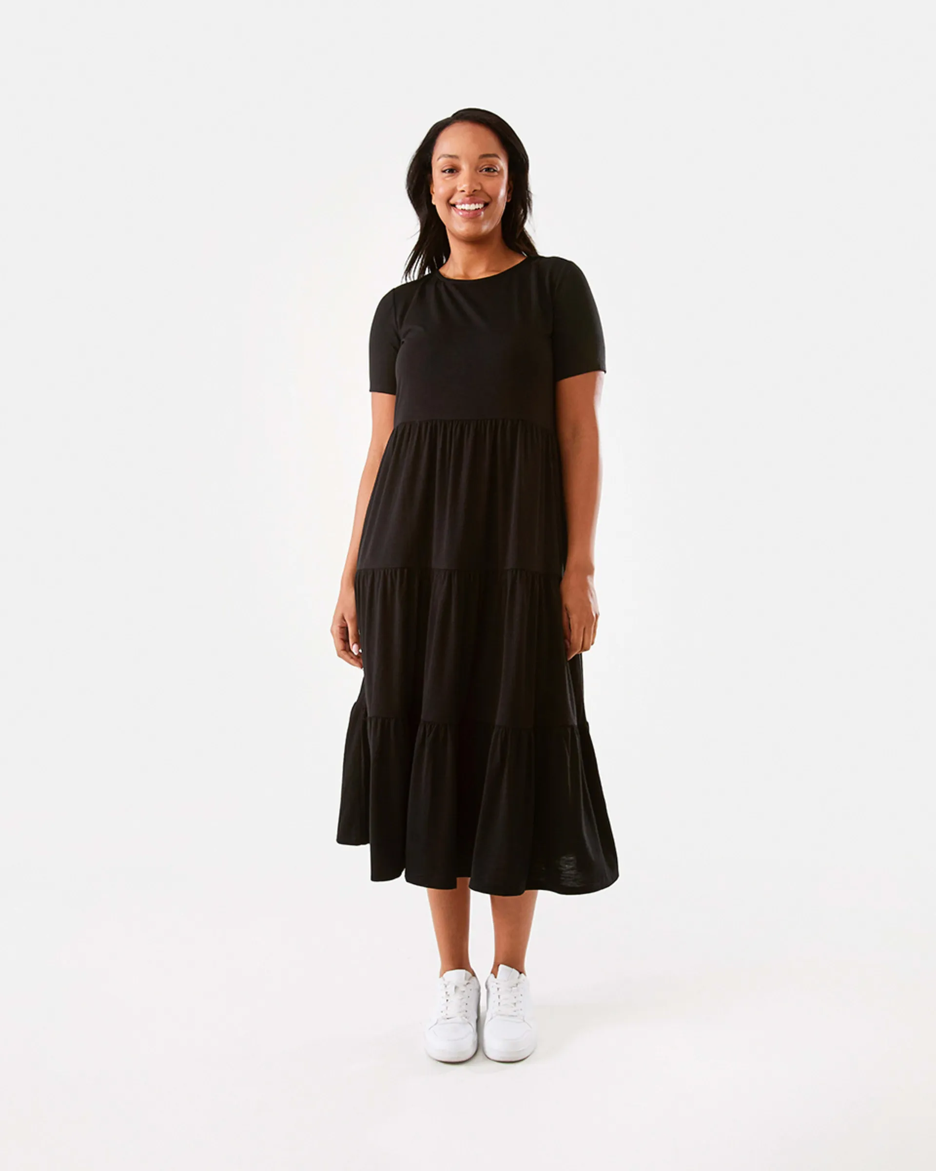 Short Sleeve Tiered Jersey Midi Dress