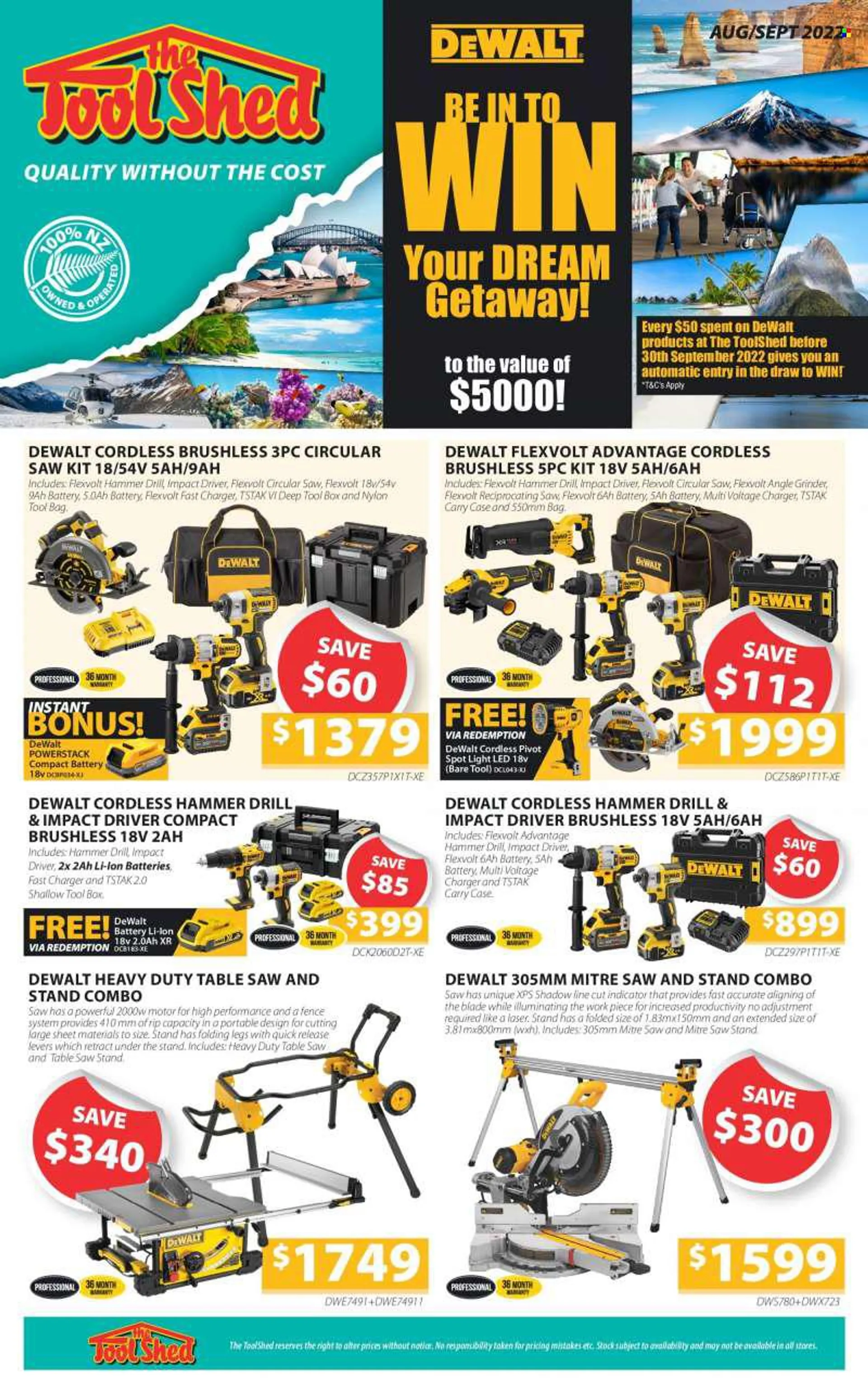 The Tool Shed mailer - 01.08.2022 - 30.09.2022 - Sales products - spotlight, DeWALT, impact driver, grinder, circular saw, saw, angle grinder, reciprocating saw, table saw, tool box, table, saw stand. Page 1.