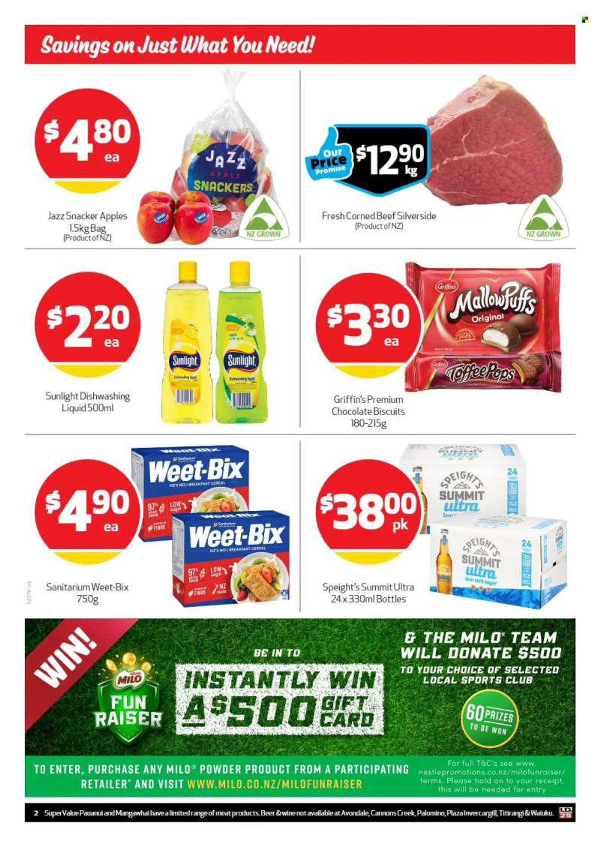 SuperValue mailer - 01.08.2022 - 07.08.2022 - Sales products - Puffs, apples, corned beef, Milo, chocolate, cereal bar, biscuit, Griffins, cereals, Weet-Bix, coffee, wine, beer, Lager, beef meat, Sunlight. Page 2.