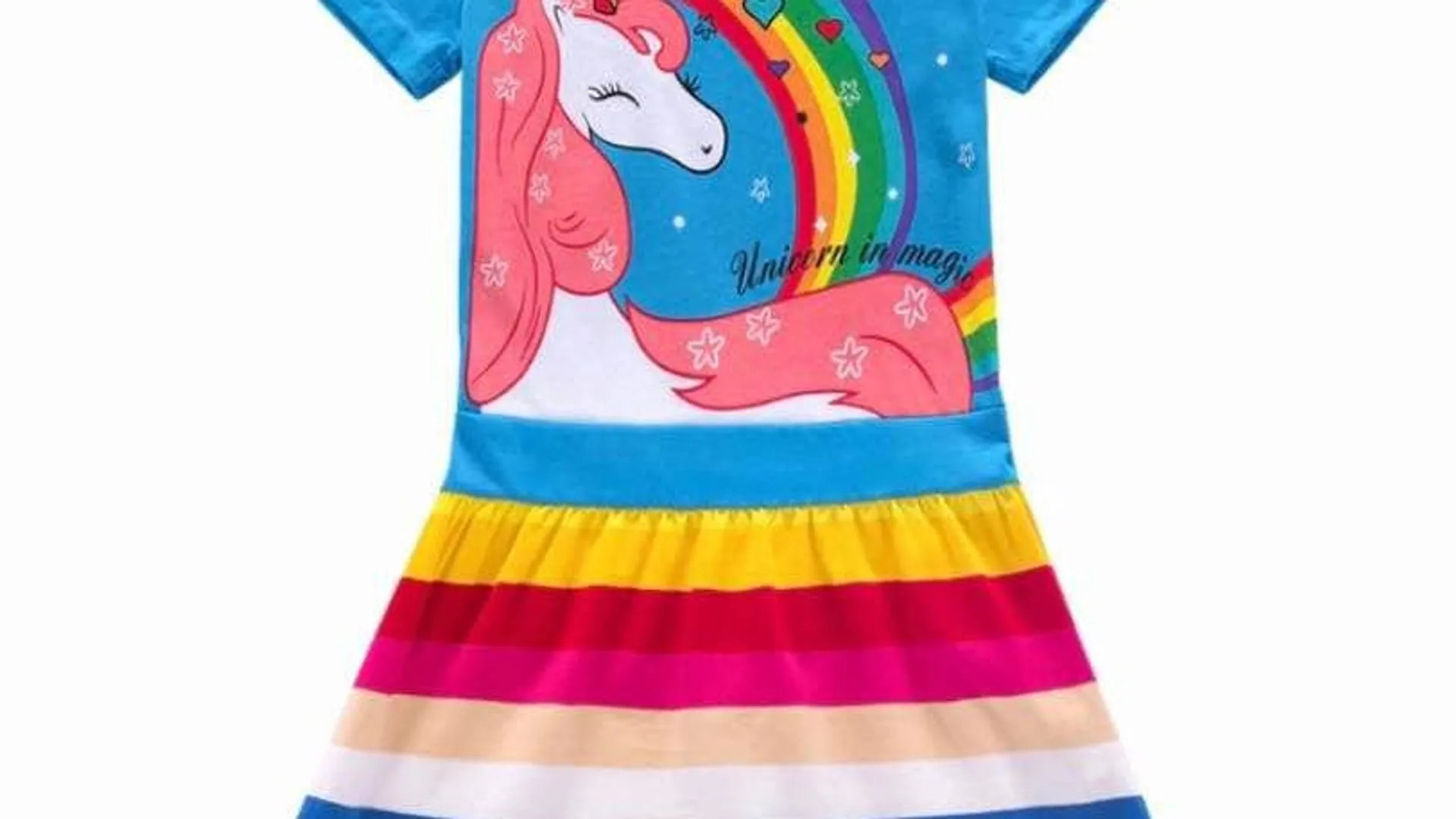 Girl’s 100% Cotton Unicorn Rainbow Print Short-sleeve dress