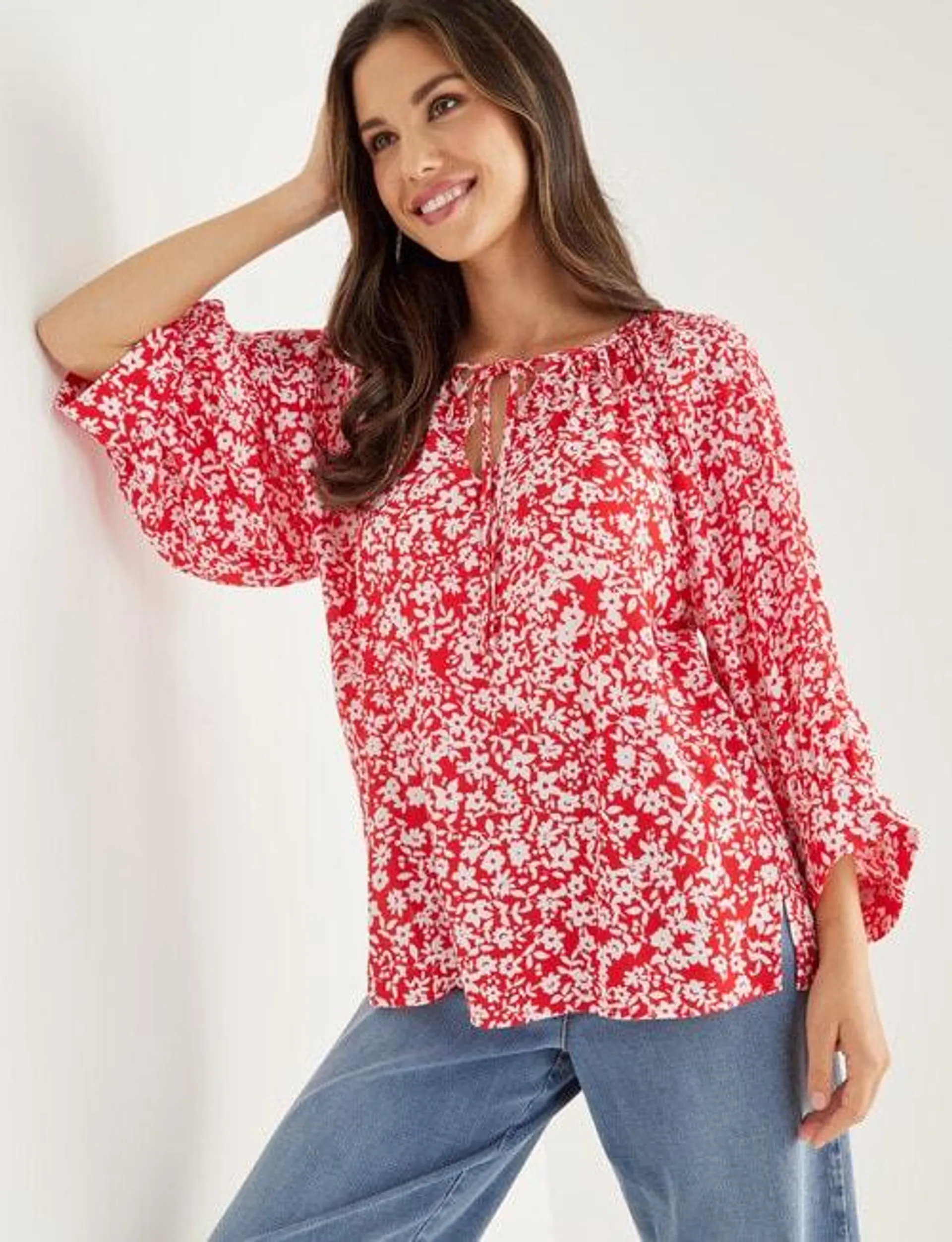 Whistle Floral 3/4 Sleeve Peasant Blouse, Red & White