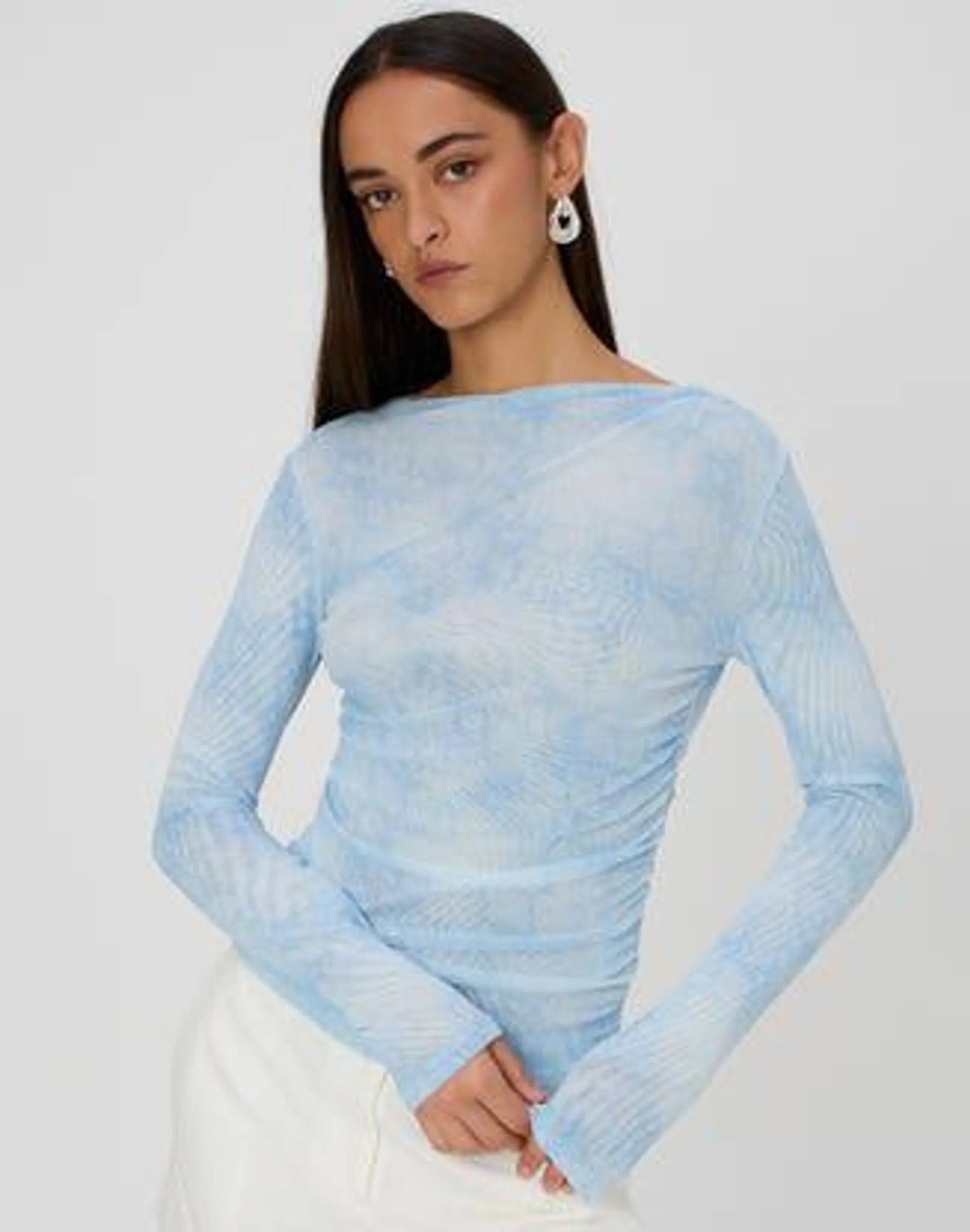 Mesh Print Ruched Long Sleeve Top