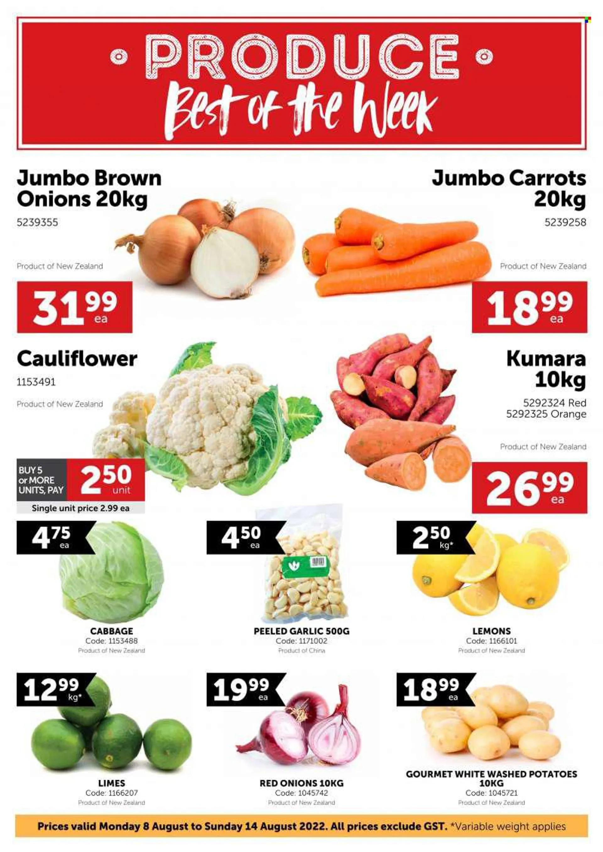 Gilmours mailer - 08.08.2022 - 14.08.2022 - Sales products - cabbage, carrots, cauliflower, garlic, red onions, potatoes, onion, limes, orange, lemons. Page 1.