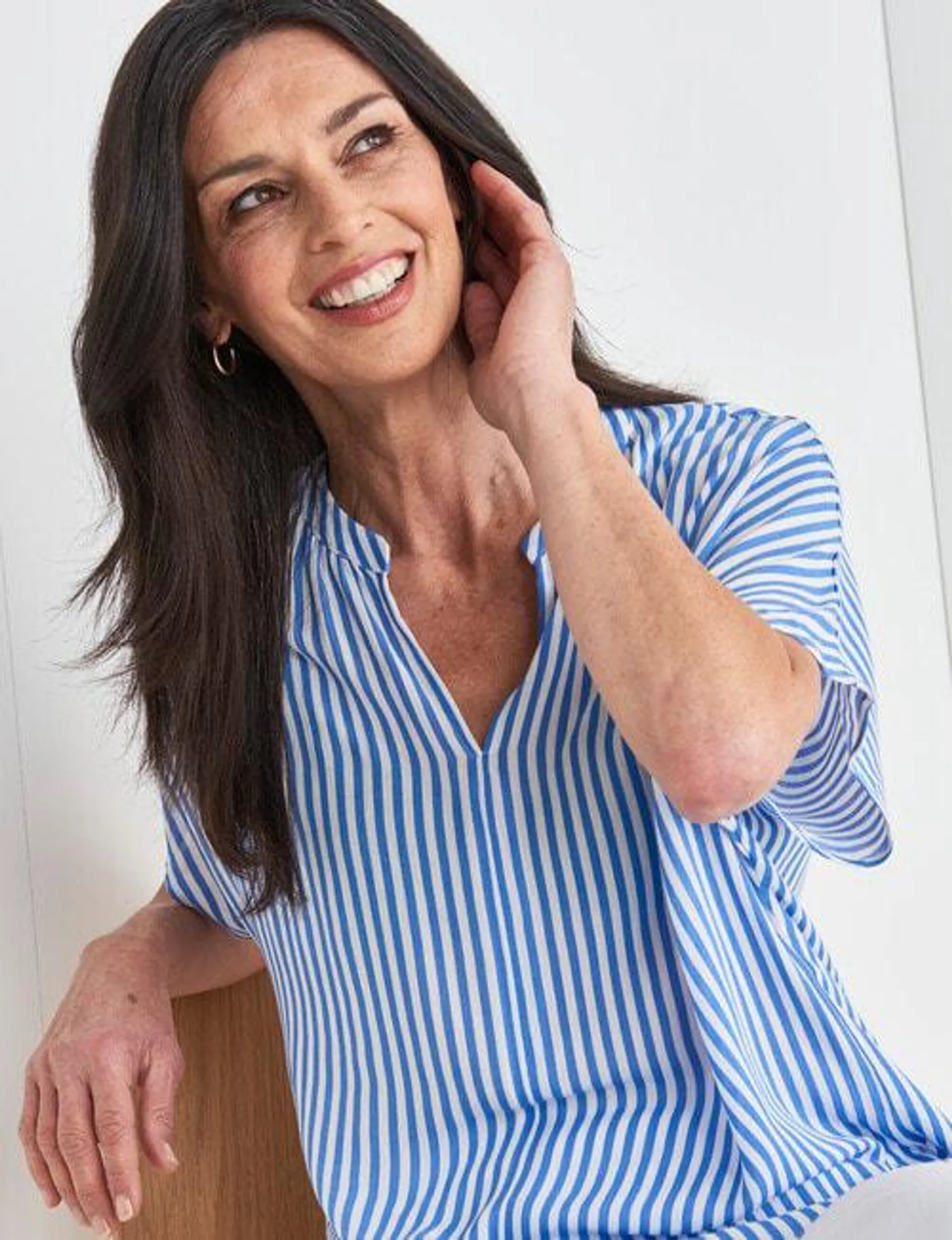 Ella J Stripe Short Sleeve V-Neck Top, Blue & White