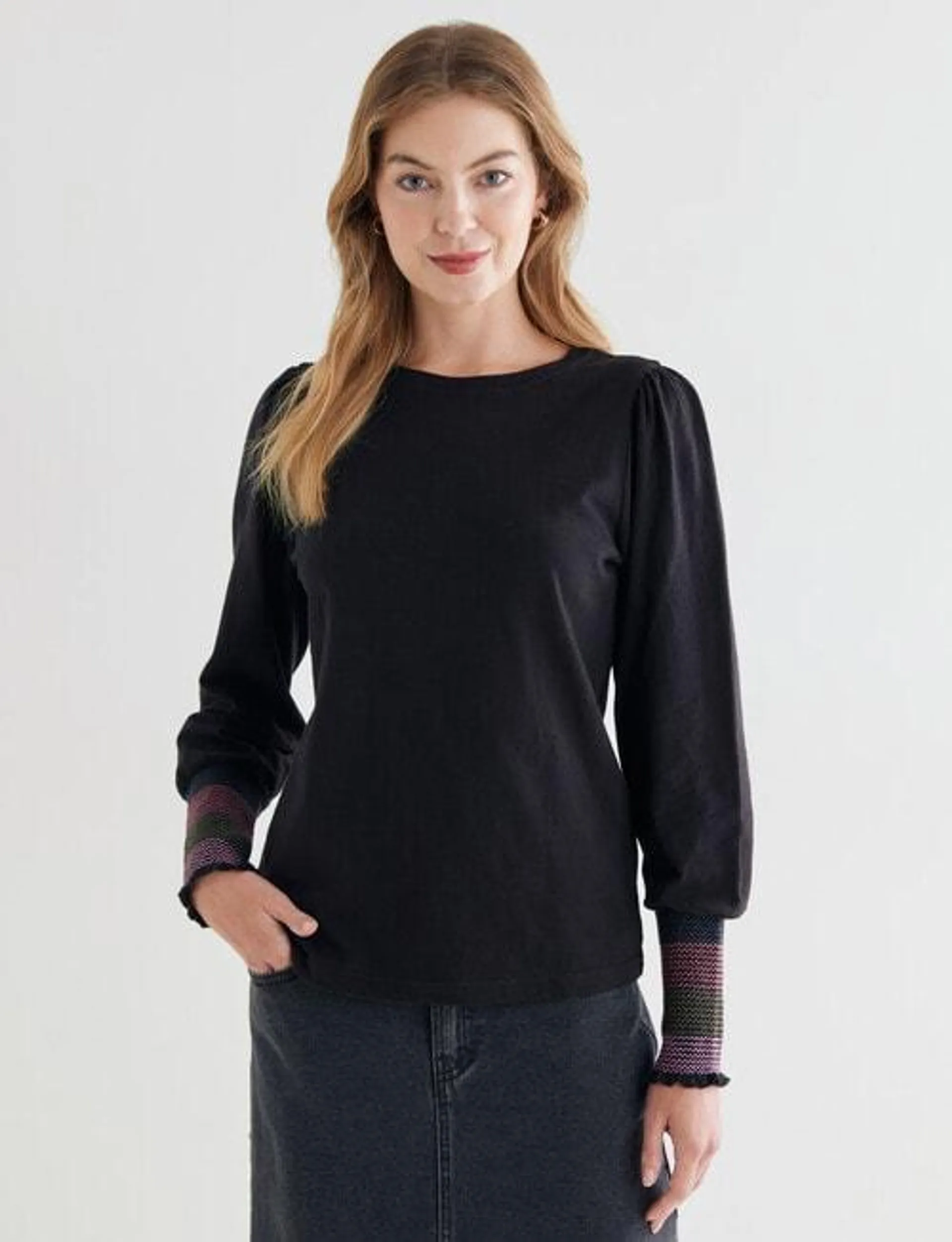 Zest Long Sleeve Shirred Cuff Top, Black