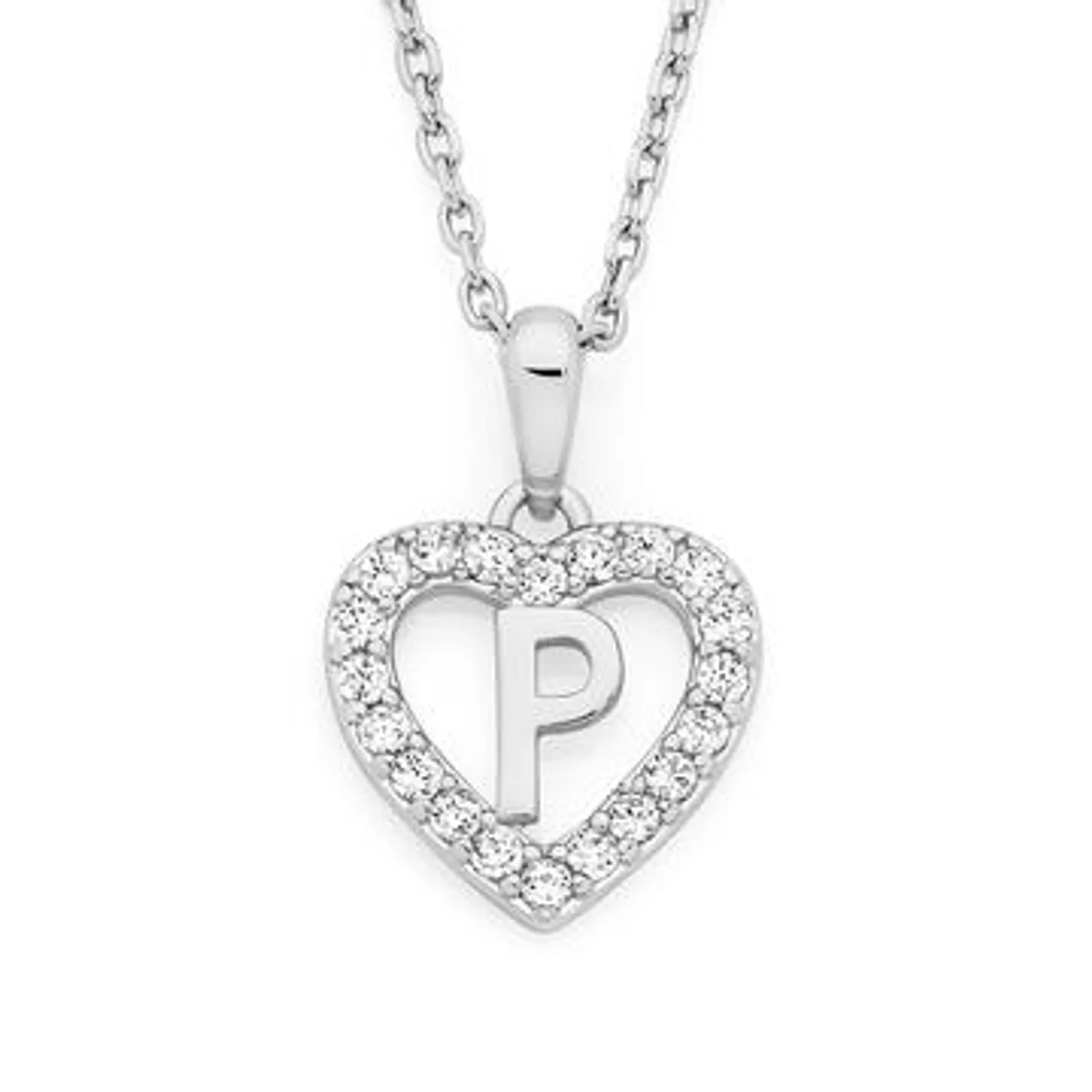 Silver Initial P in CZ Heart Pendant