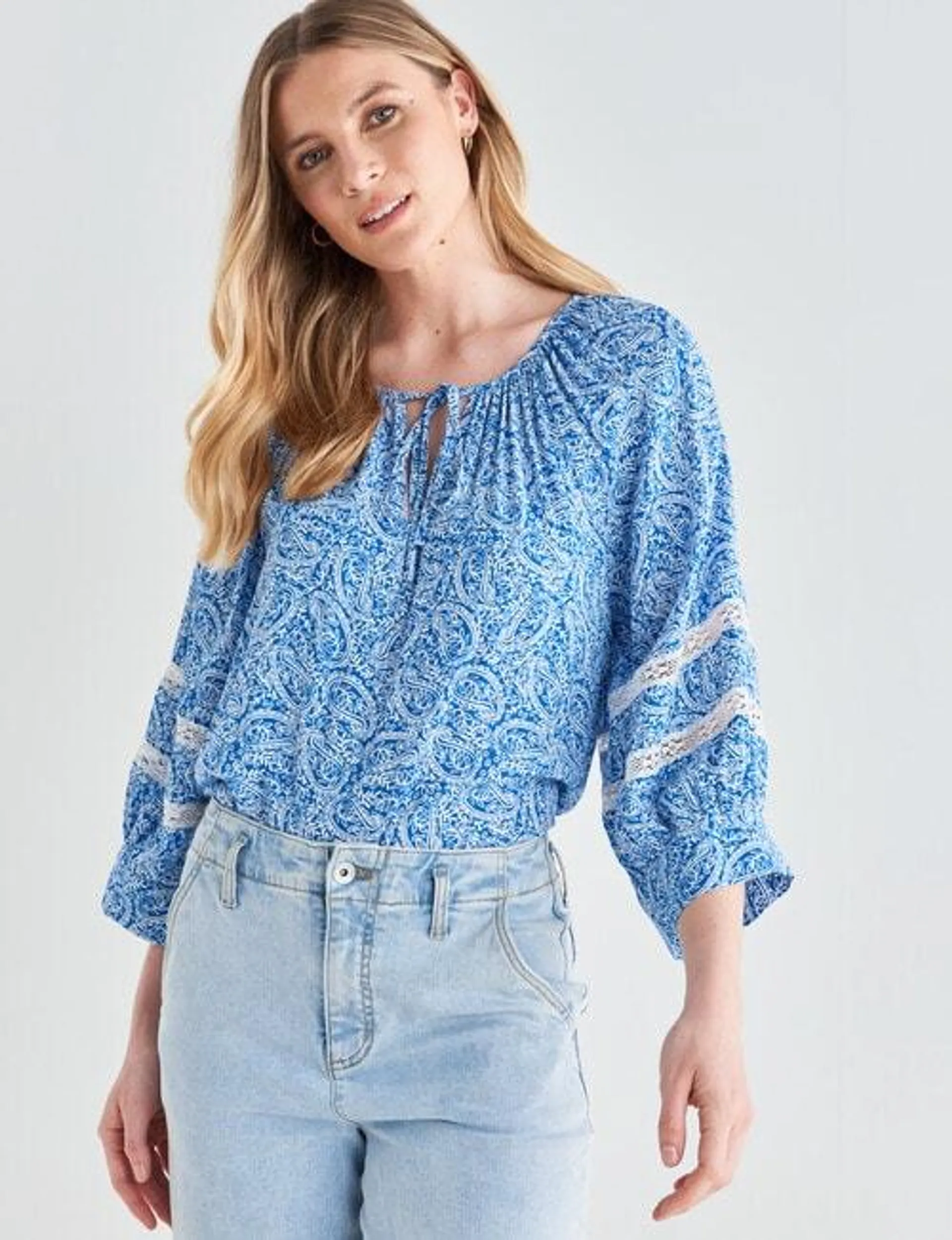 Whistle Floral Paisley 3/4 Sleeve Peasant Blouse, Azure
