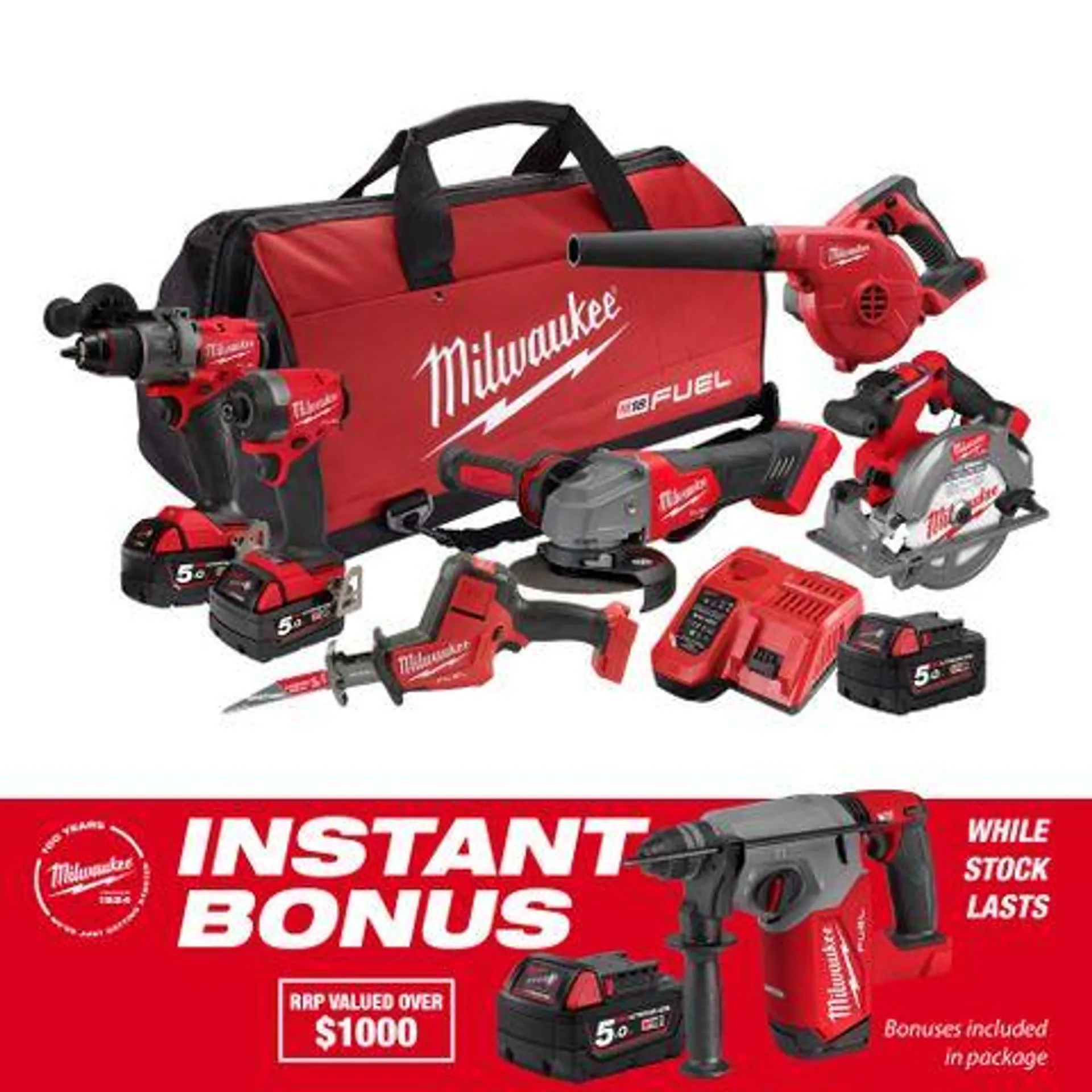 Milwaukee M18 FUEL Power Pack 6pc 6A4BF 18V 5Ah with Bonus