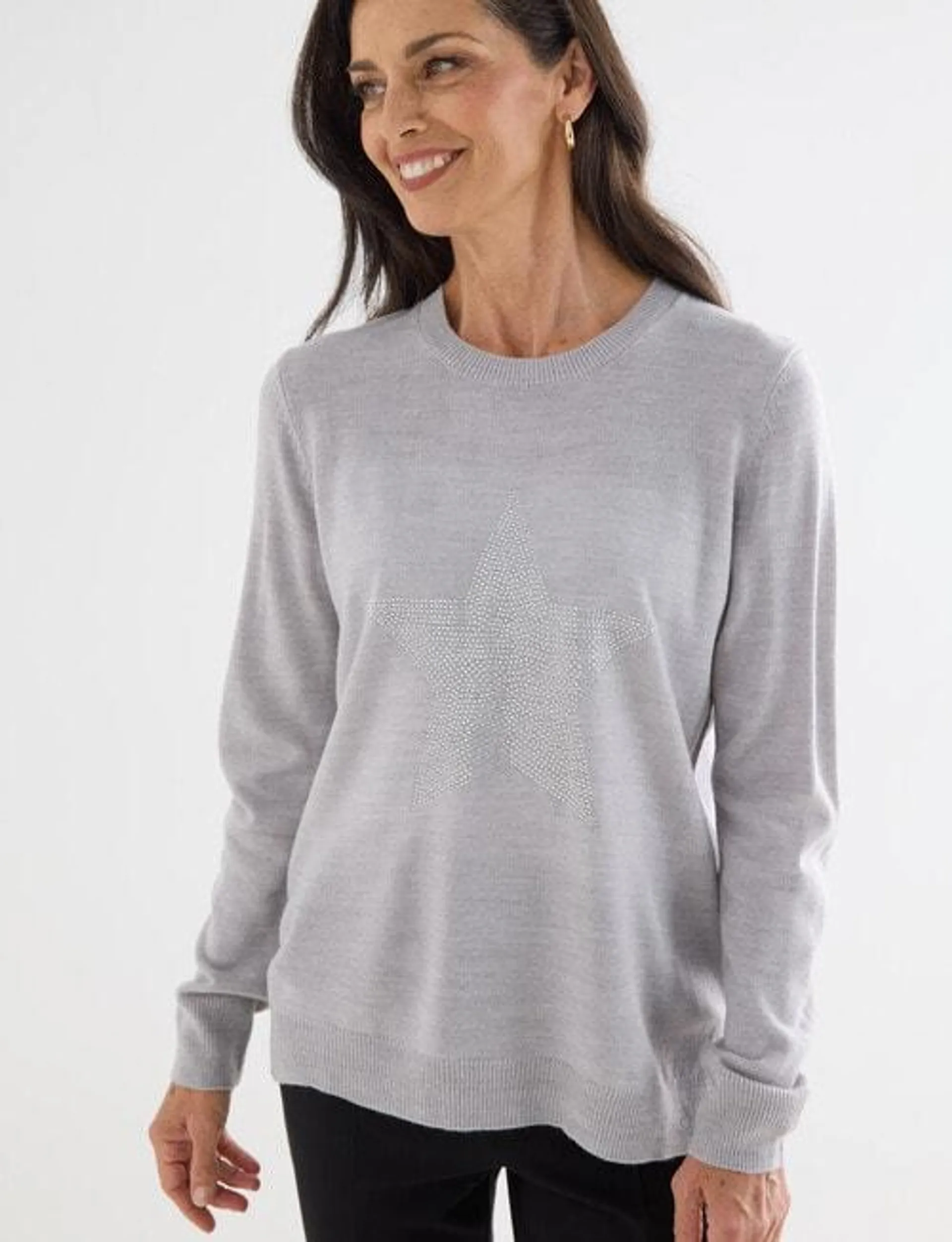 Ella J Sparkly Star Crewneck Jumper, Grey Marle