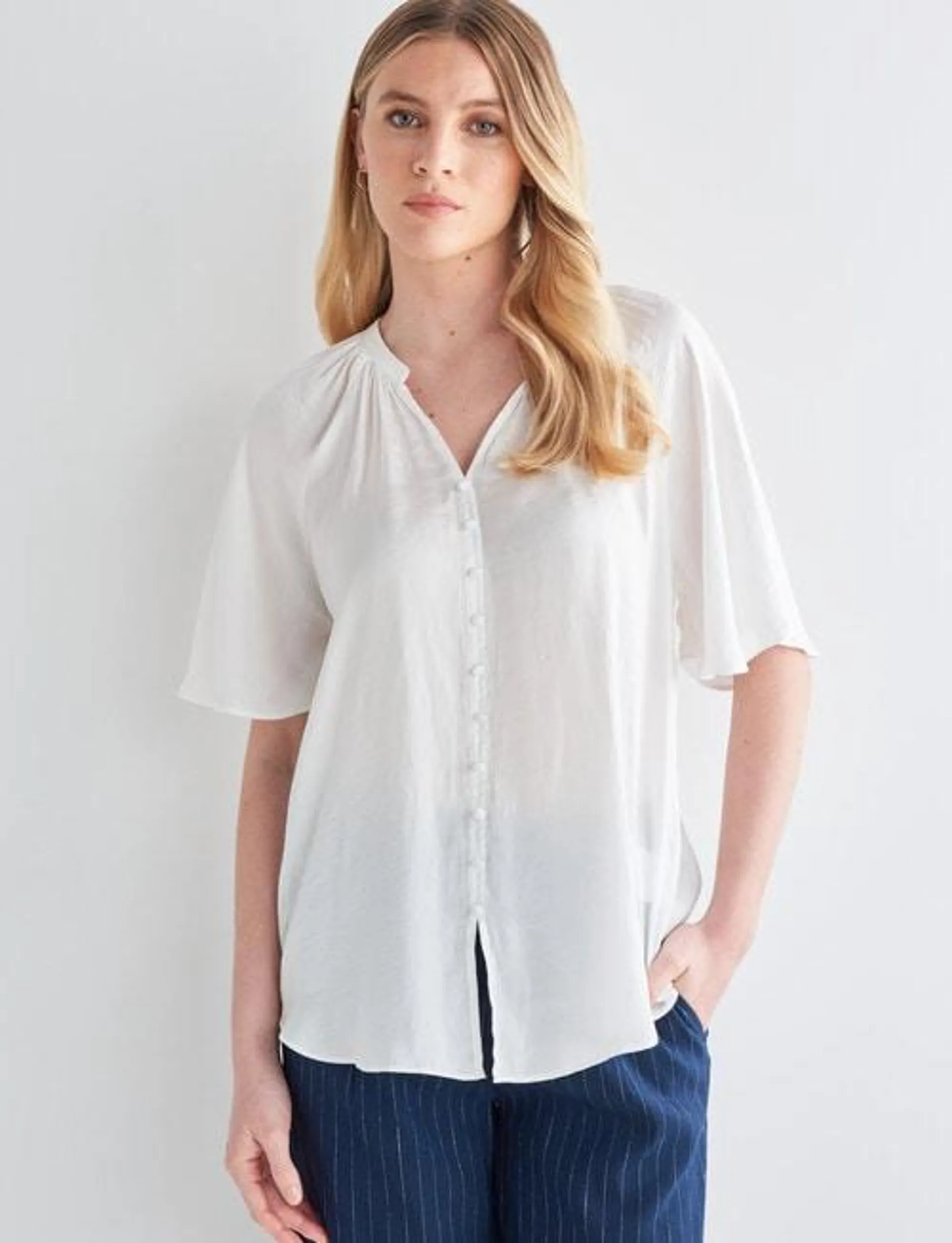 Whistle Satin Button Through V-Neck Top, Ivory