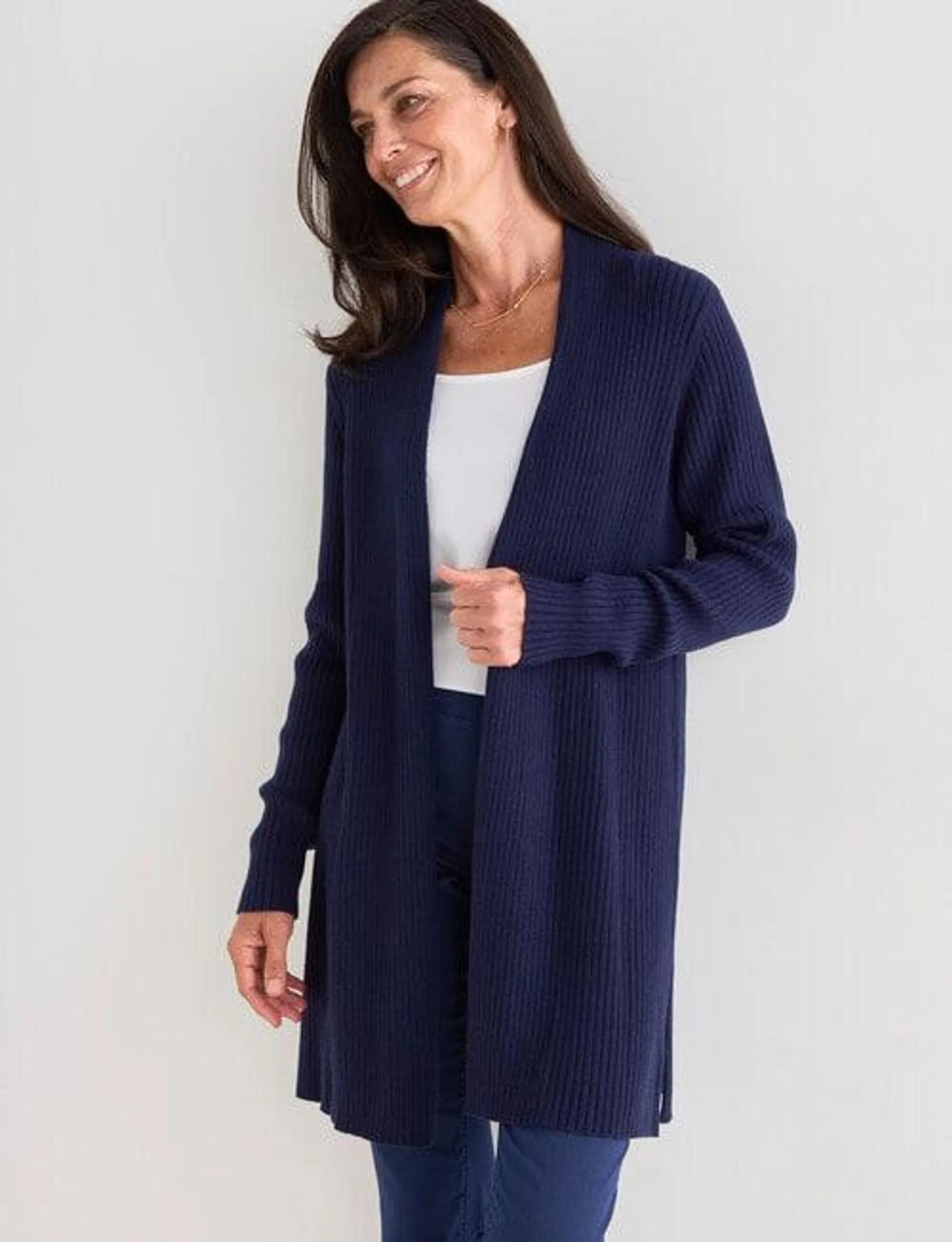 Ella J Longline Ribbed Cardigan, Navy Marle