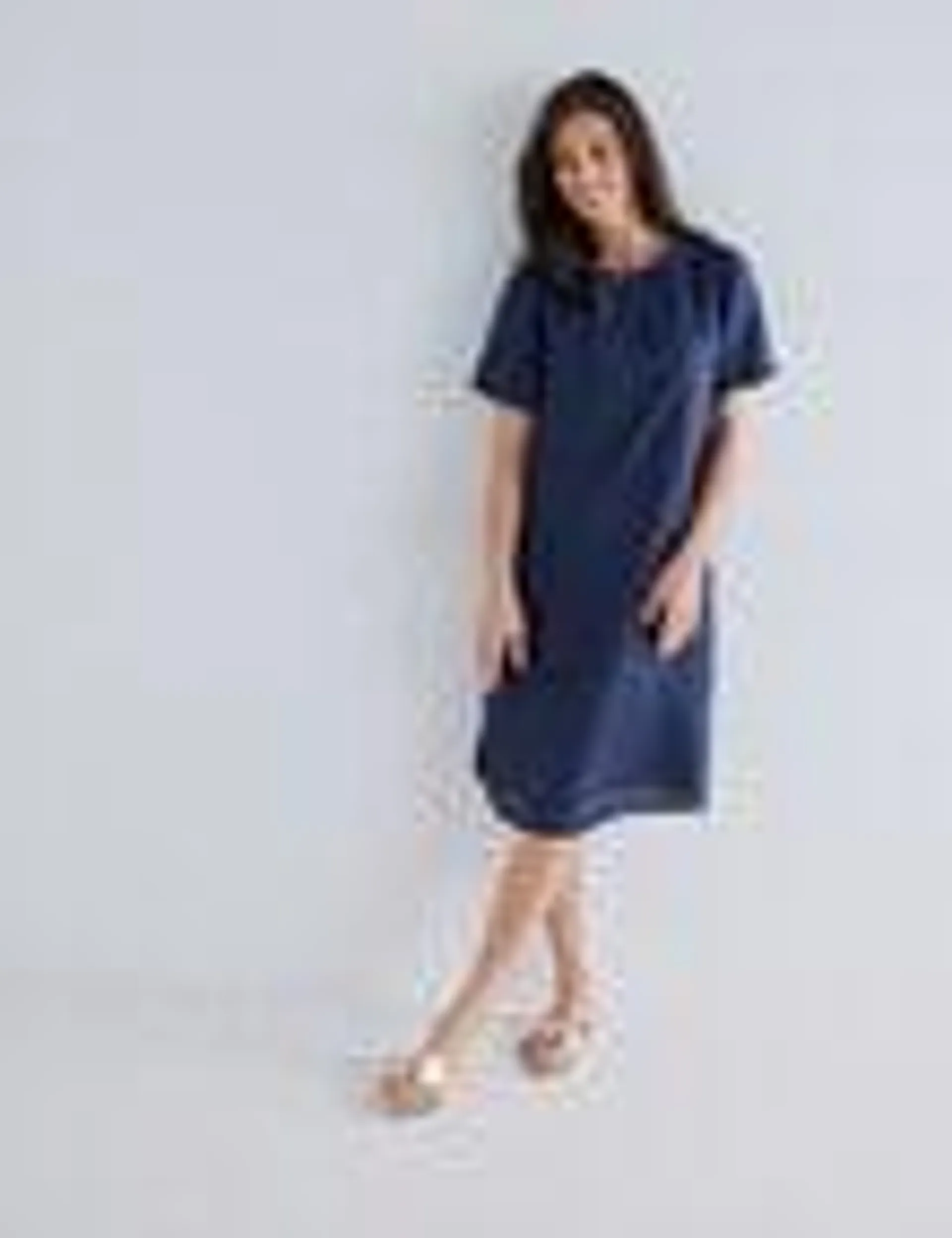 Ella J Linen Short Sleeve Midi Shift Dress, Navy