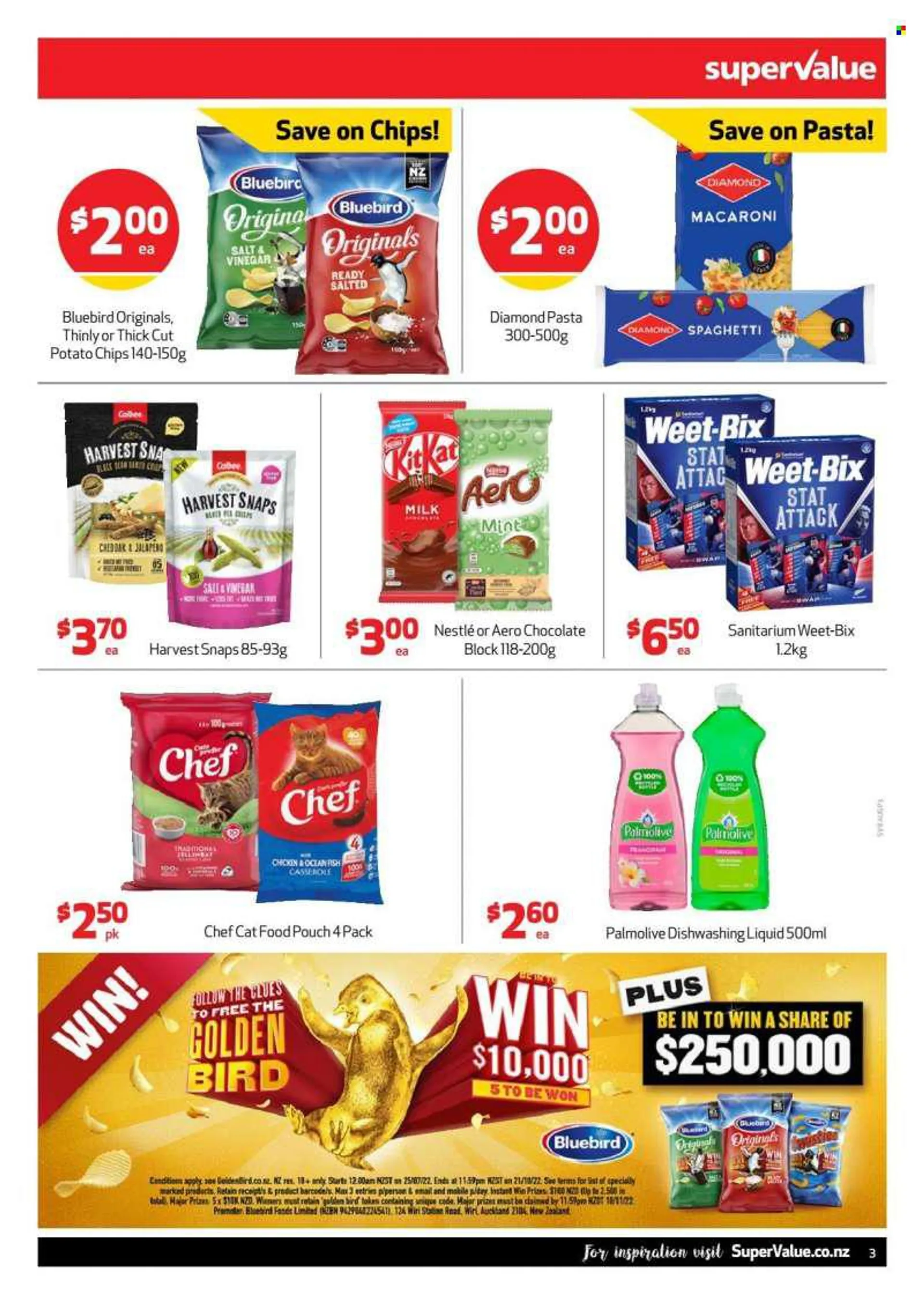 SuperValue mailer - 08.08.2022 - 14.08.2022 - Sales products - fish, spaghetti, macaroni, pasta, cheese, milk chocolate, Nestlé, chocolate, cereal bar, potato chips, chips, Bluebird, Harvest Snaps, Weet-Bix, Palmolive, animal food, cat food. Page 3.