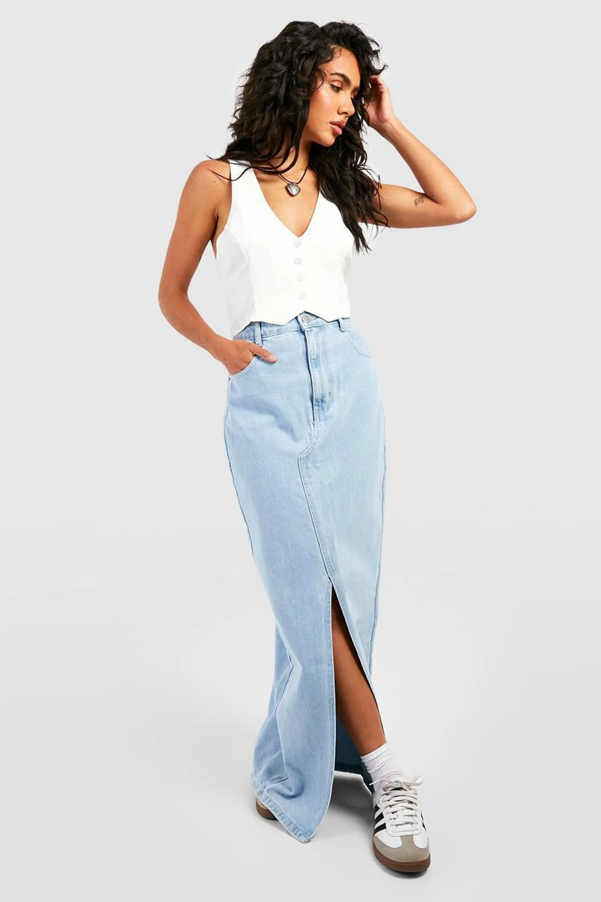 Split Front Denim Maxi Skirt