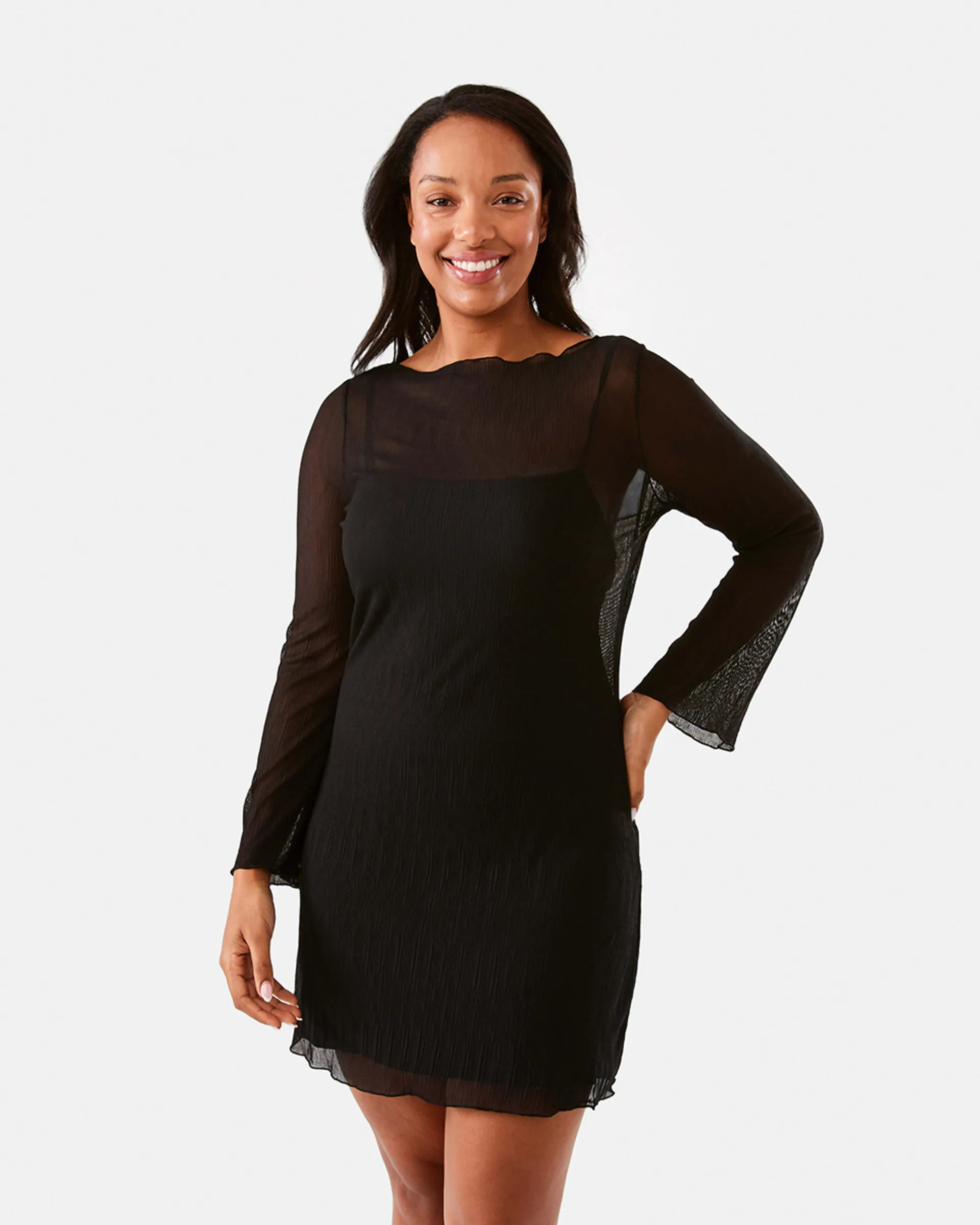 Long Sleeve Crinkle Mesh Mini Dress