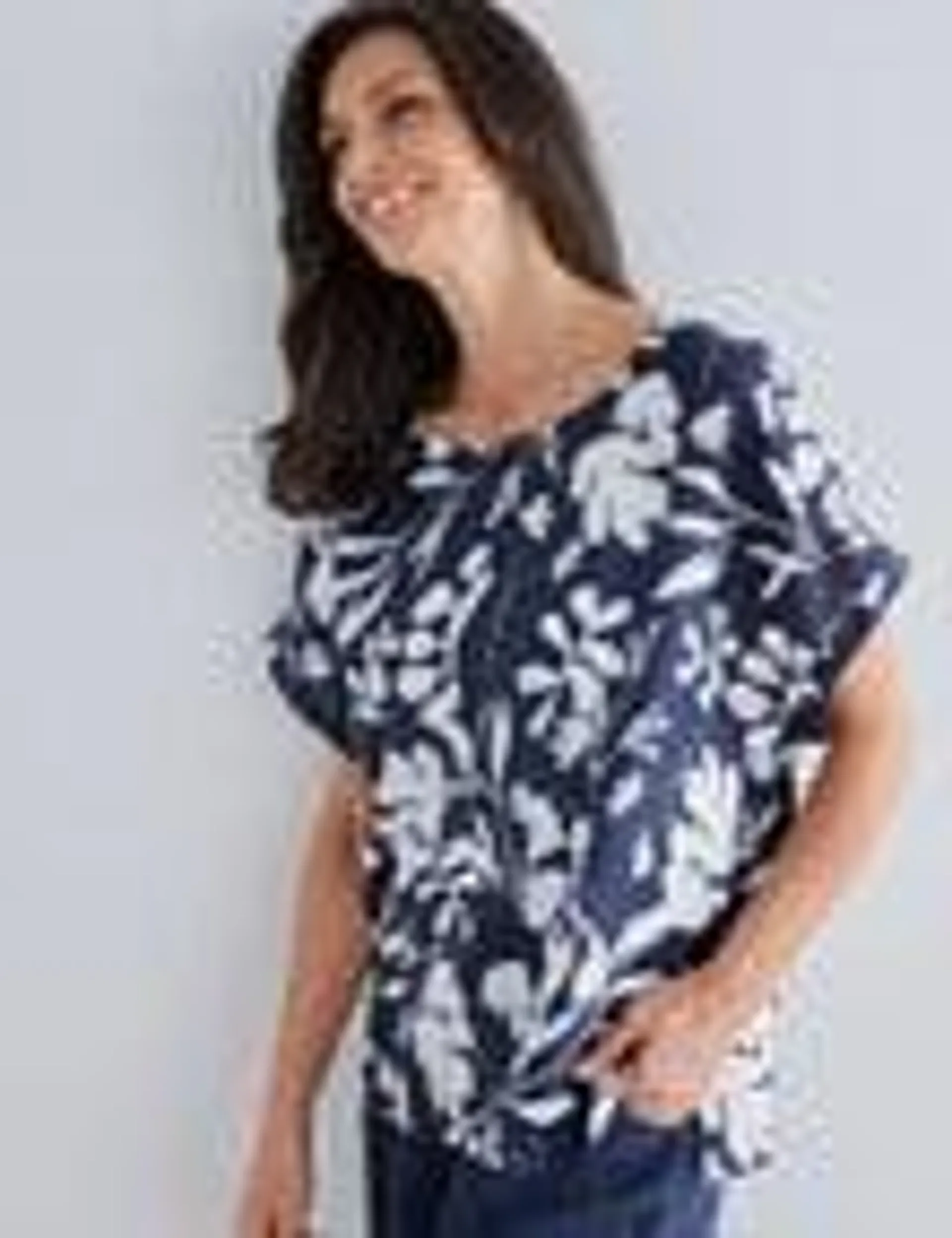 Ella J Printed Linen Boxy Shell Top, Navy