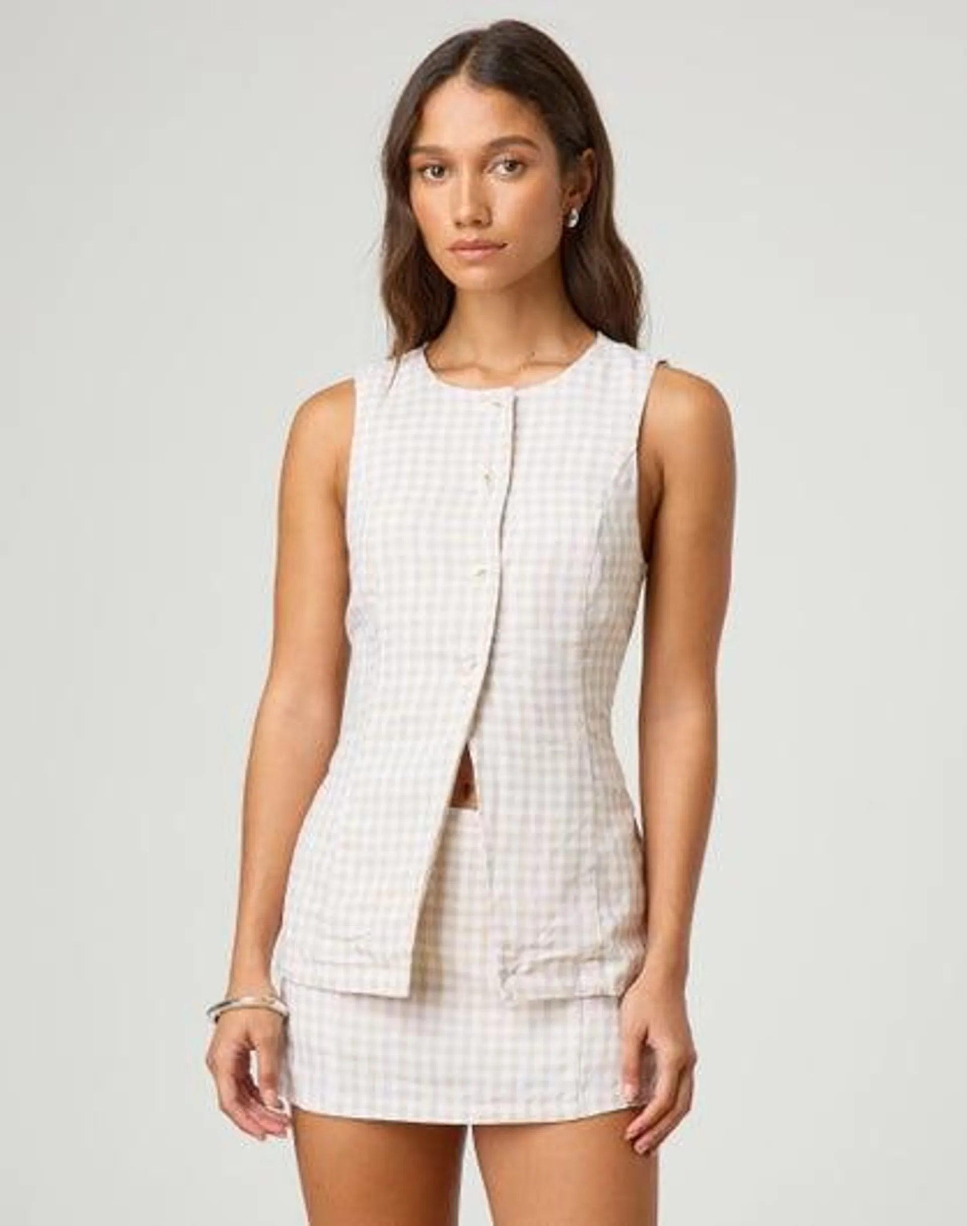 Gingham High Neck Longline Vest