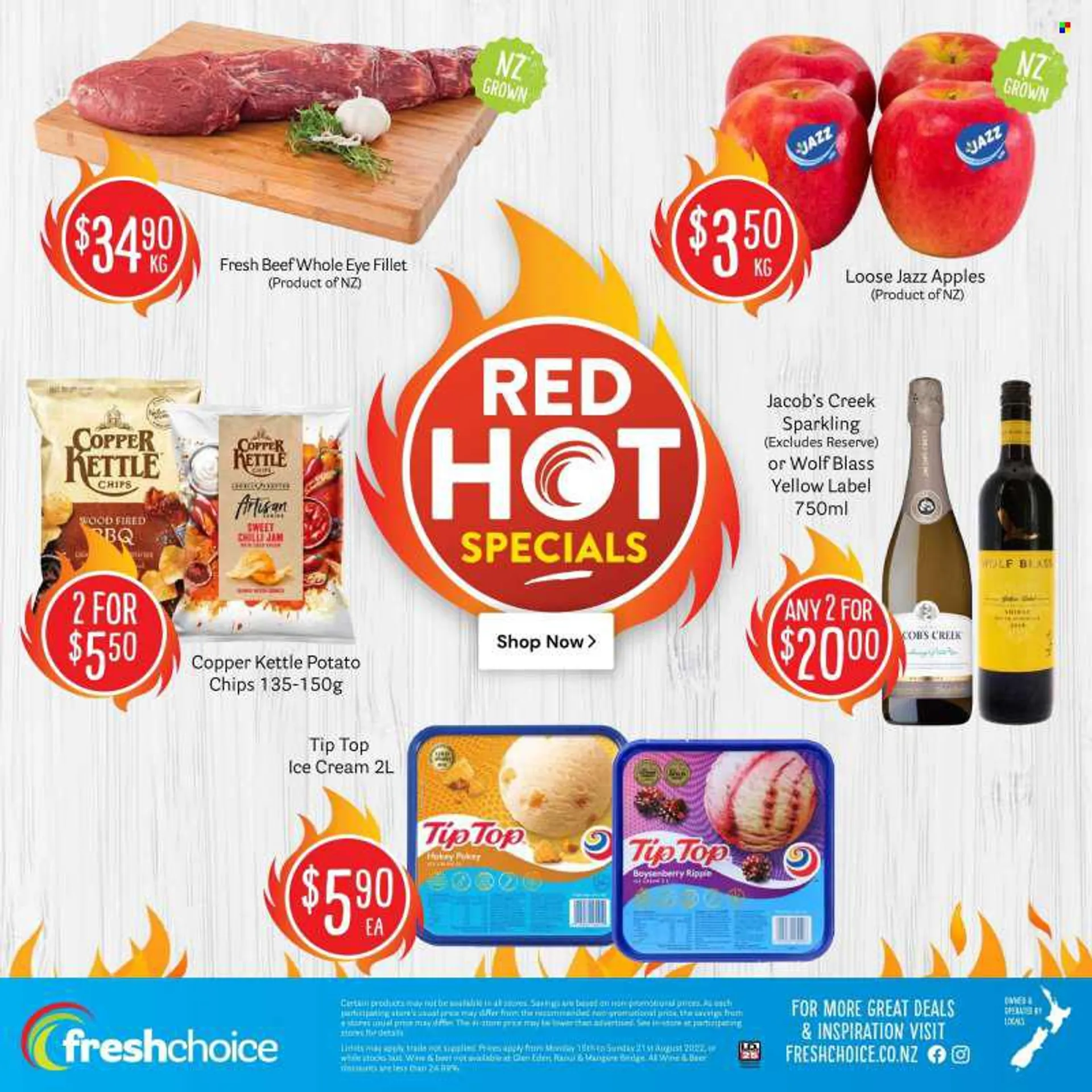 Fresh Choice mailer - 15.08.2022 - 21.08.2022 - Sales products - Tip Top, apples, ice cream, potato chips, chips, Copper Kettle, wine, Jacobs Creek, beer, beef tenderloin. Page 8.