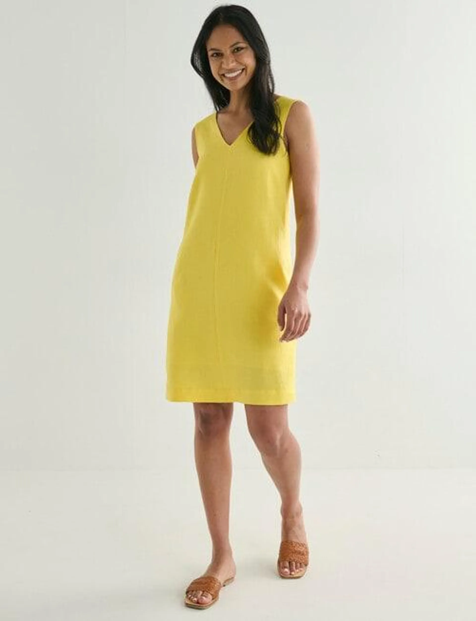 Zest Linen V-Shift Dress, Yellow