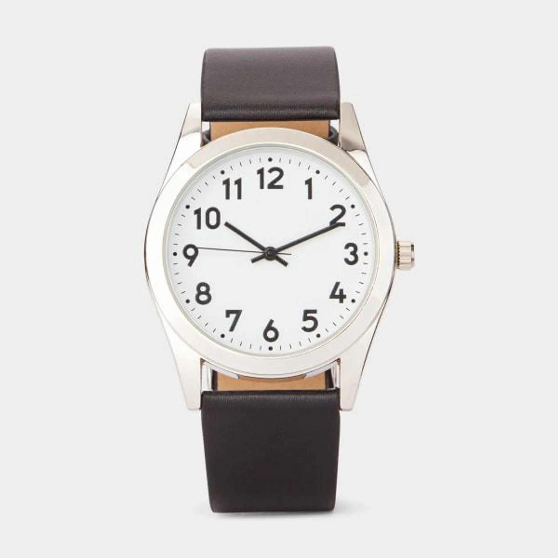 Mens Classic Analogue Watch with Silver Case & Black Strap