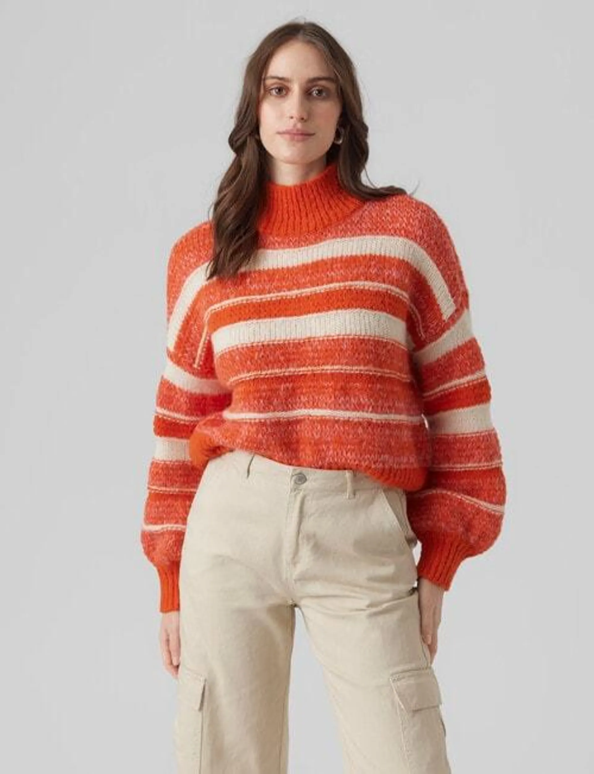 Vero Moda Kamma Long Sleeve High Neck Pullover, Tangerine Tango