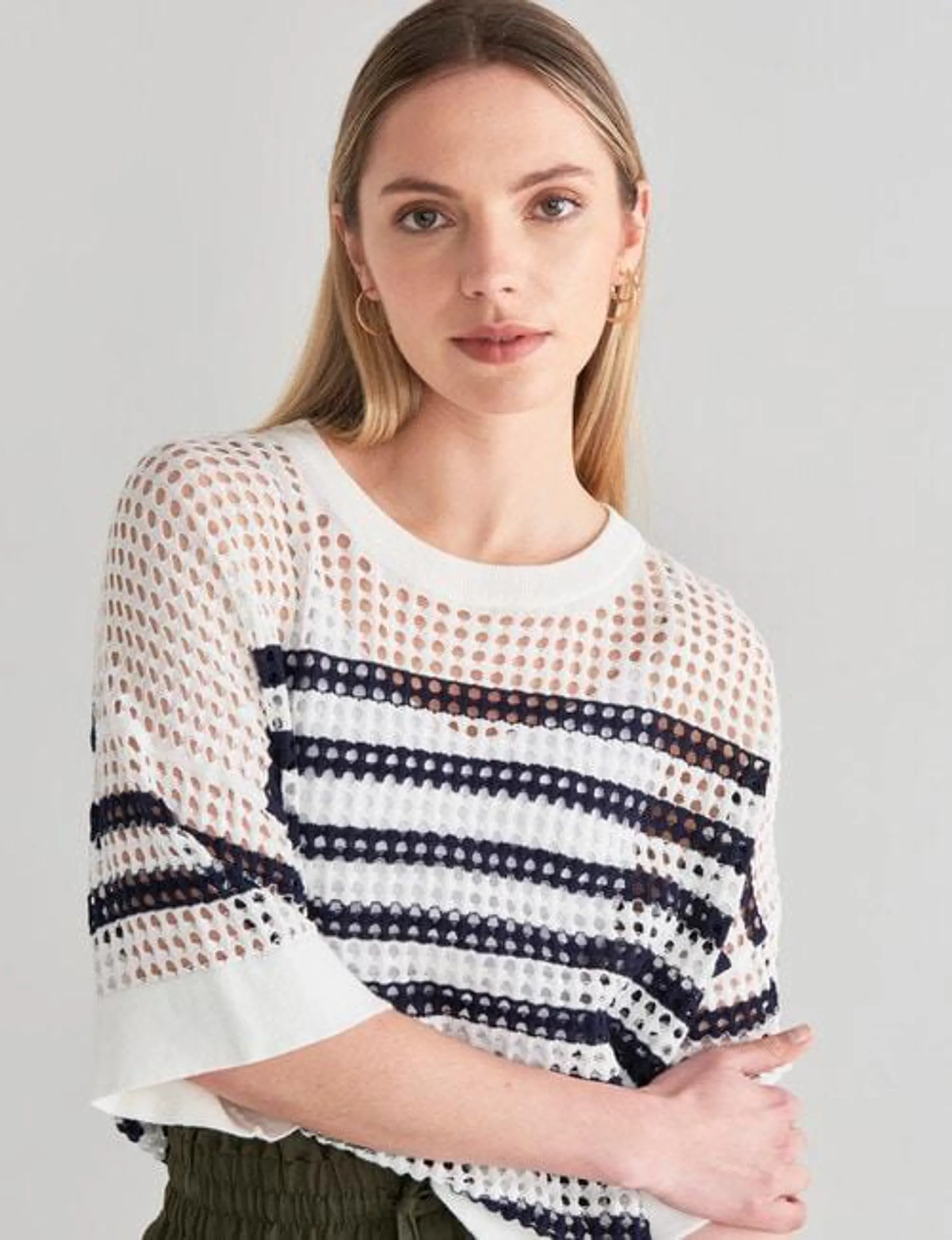 Mineral Opal Stripe Cotton Sweater, White & Midnight