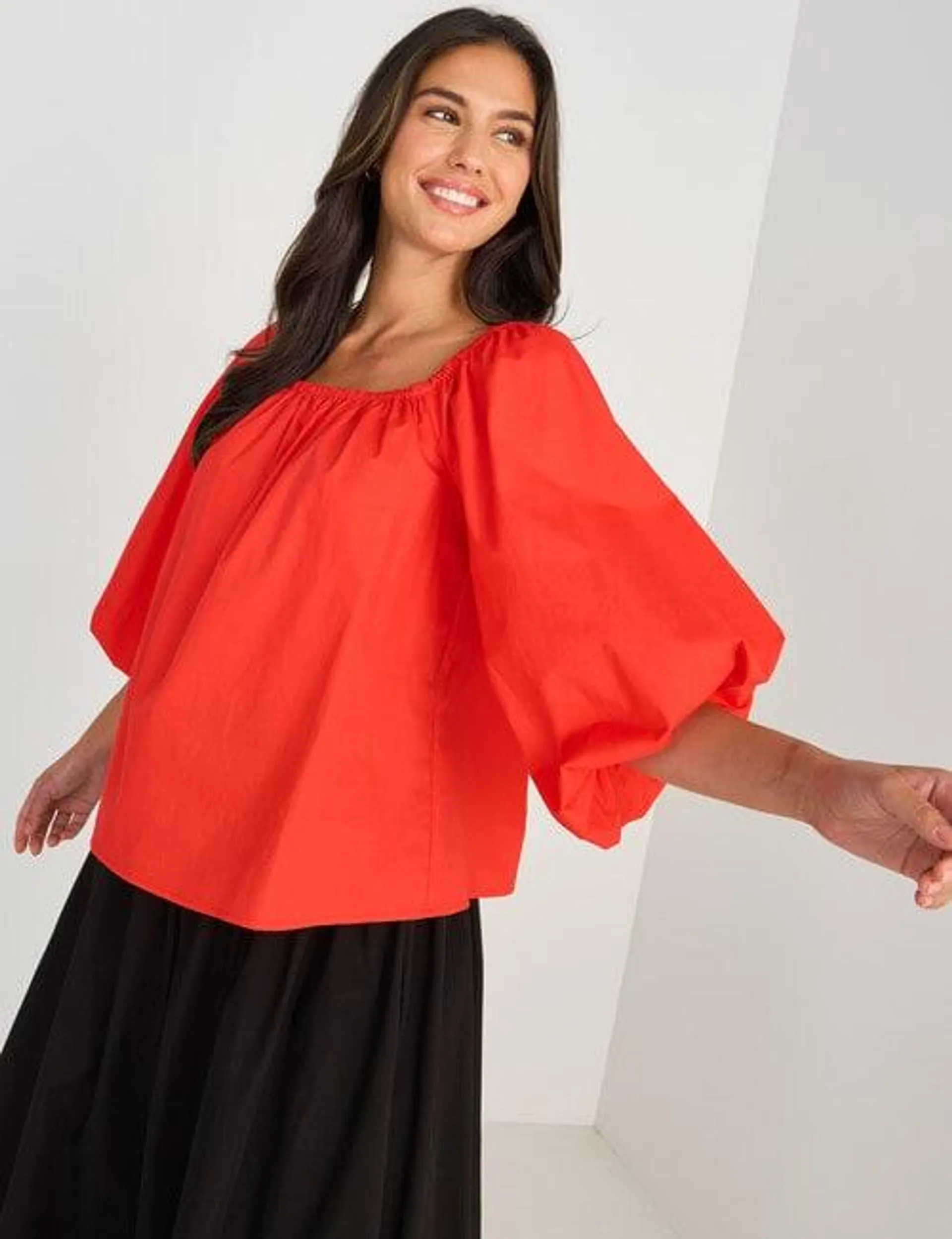 Whistle 3/4 Puff Sleeve Top, Red