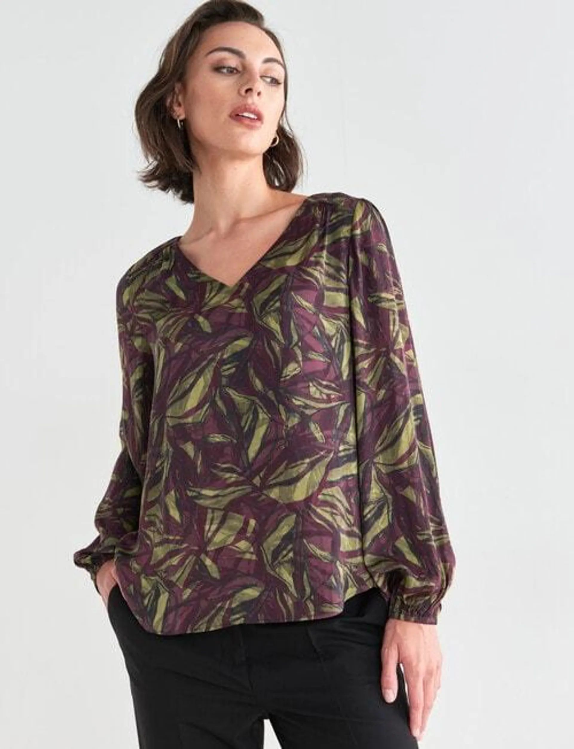 Oliver Black Olive Print, Long-Sleeve V Neck Top, Burgundy