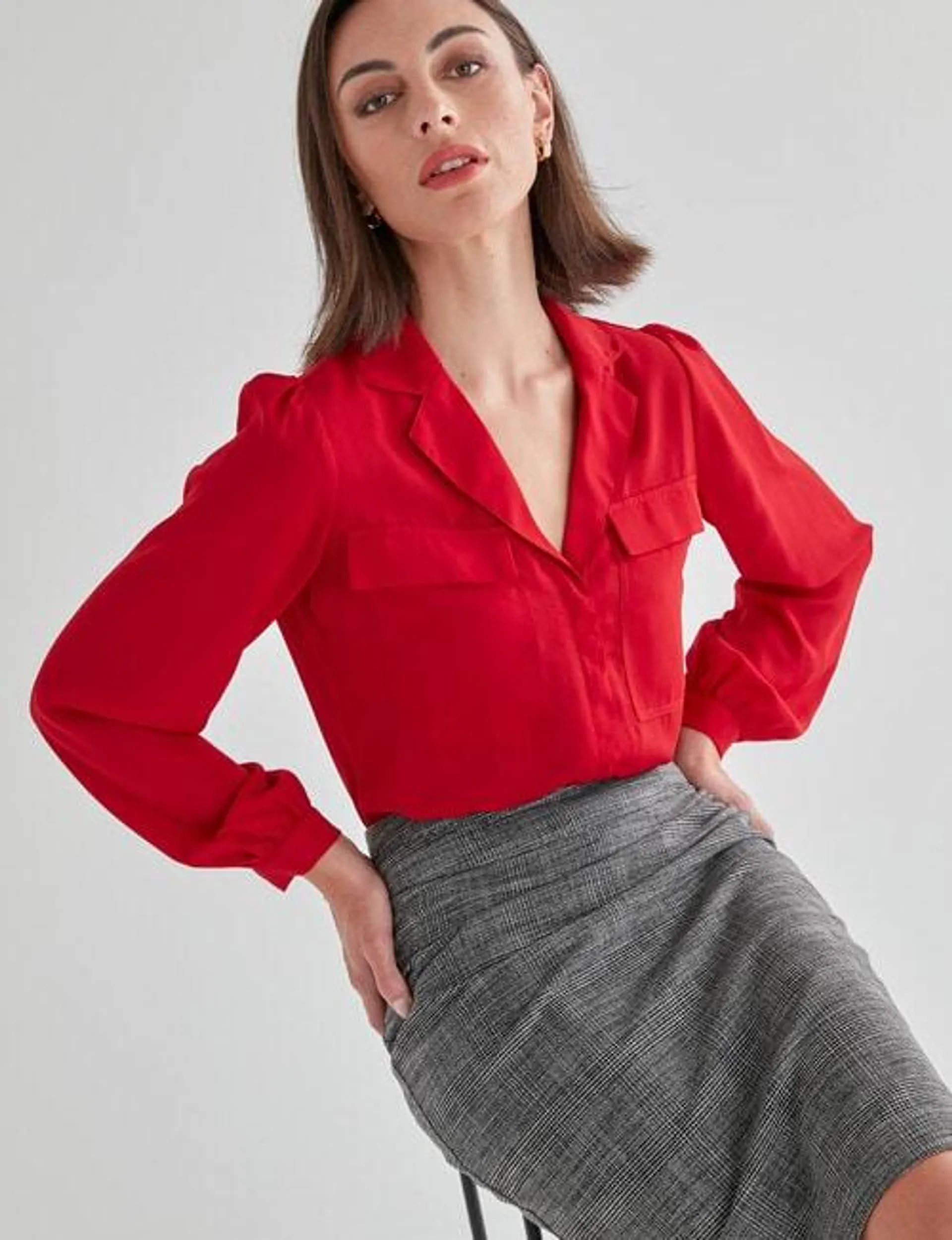 Oliver Black Long Sleeve Revere Collar Blouse, Ruby