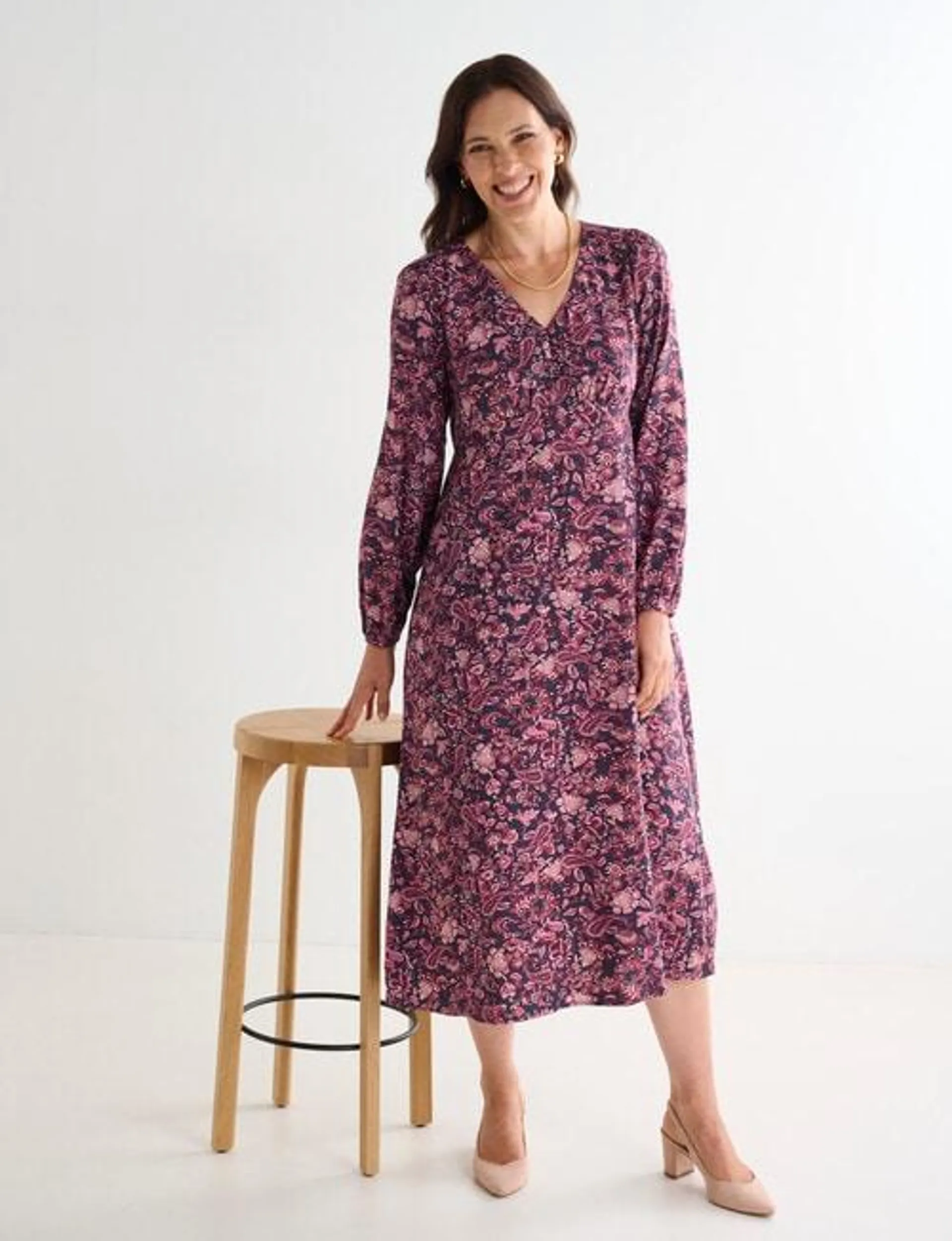 Ella J V-Neck Dress, Berry Print