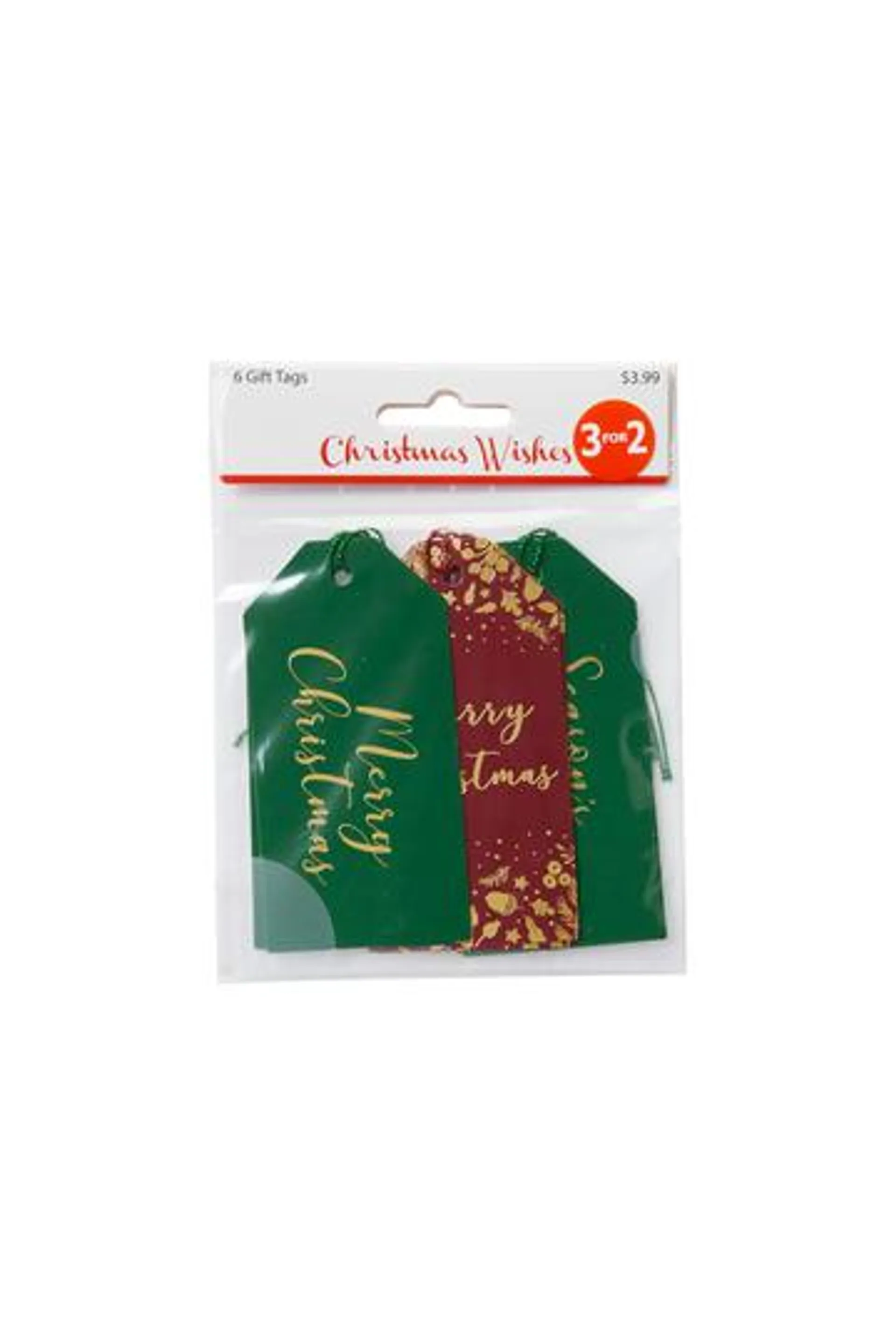 Christmas Wishes Gift Tags Script Red, Green & Gold Pack of 6