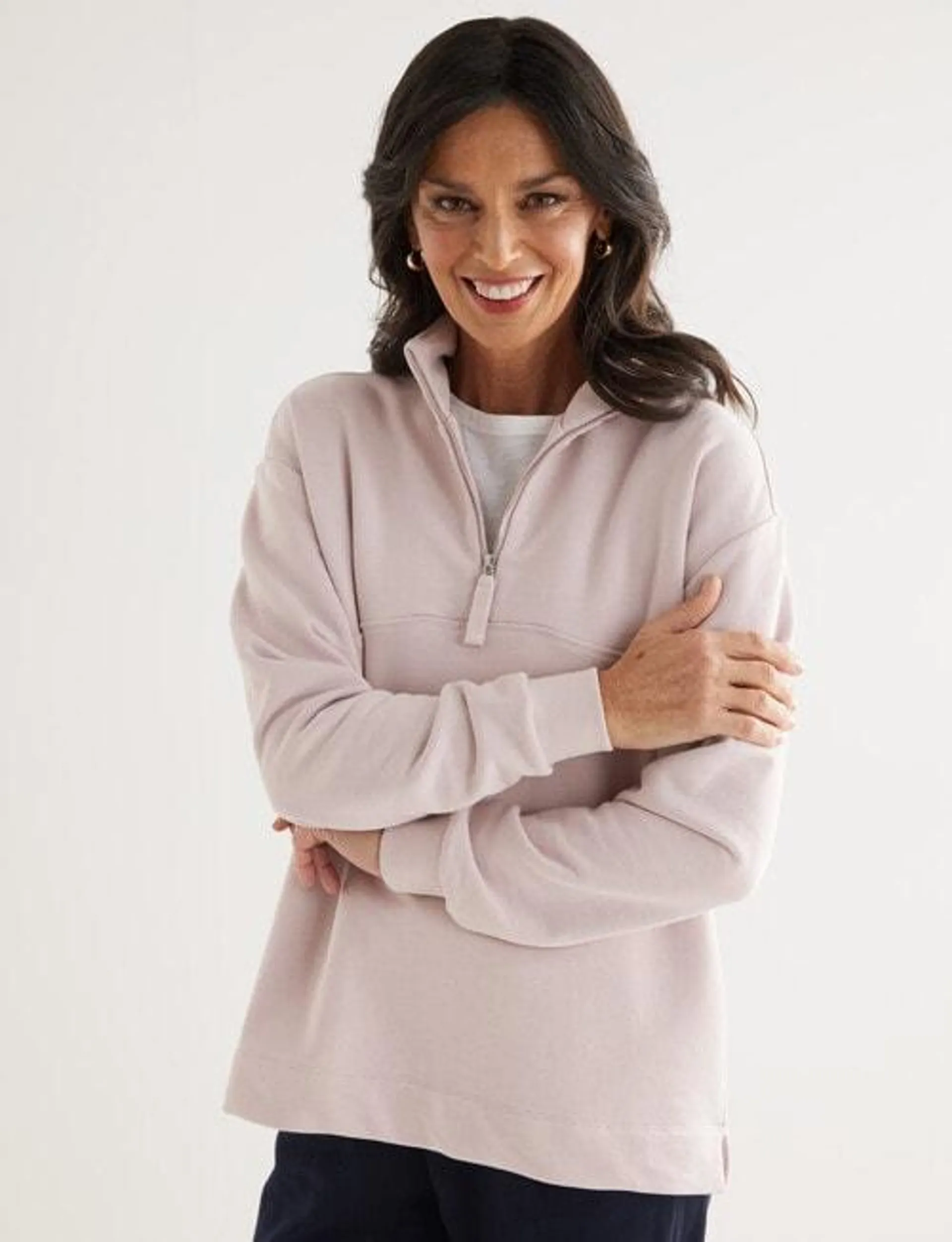 Ella J Half Zip Sweatshirt, Pale Pink