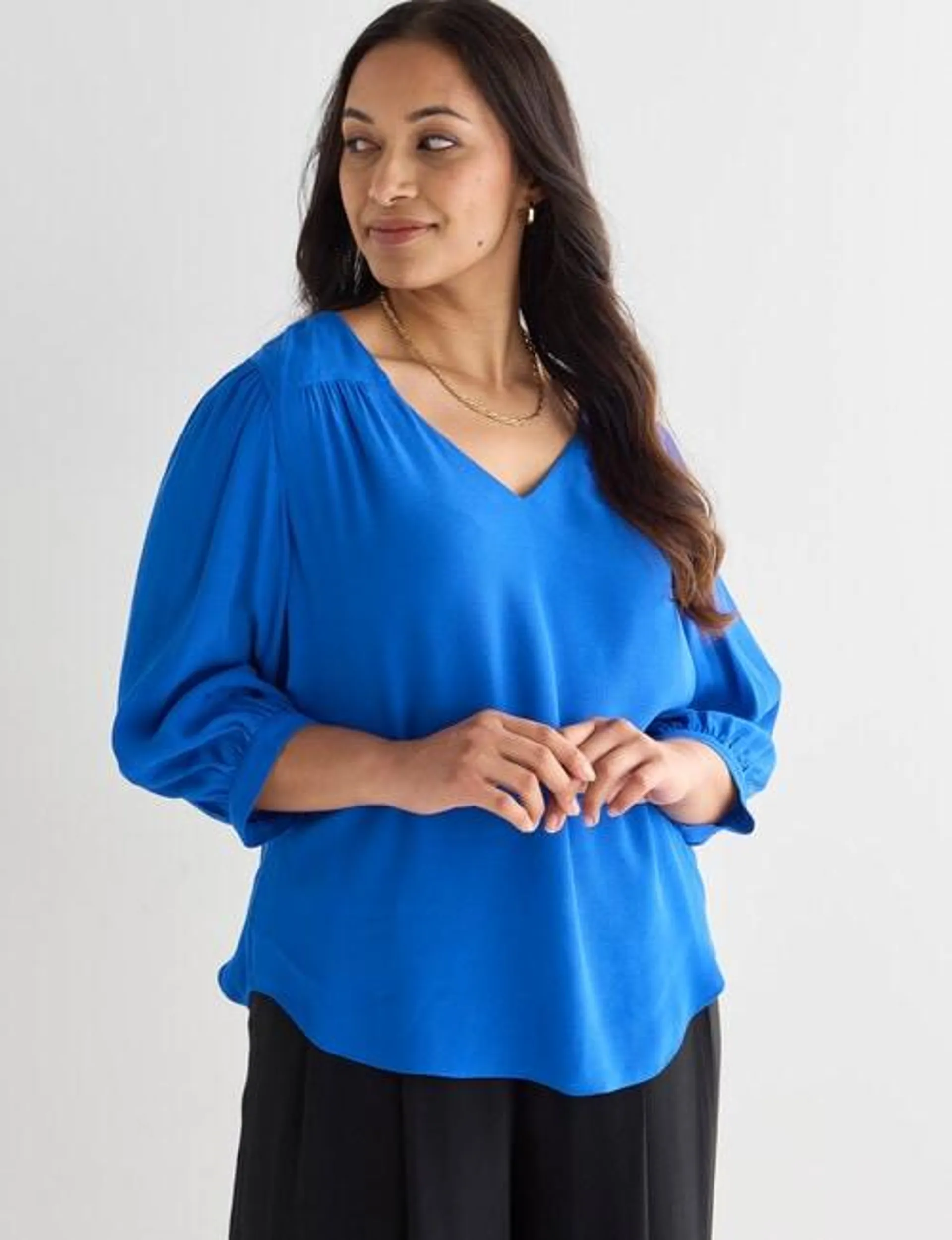 Whistle V-Neck 3/4 Sleeve Top, Azure