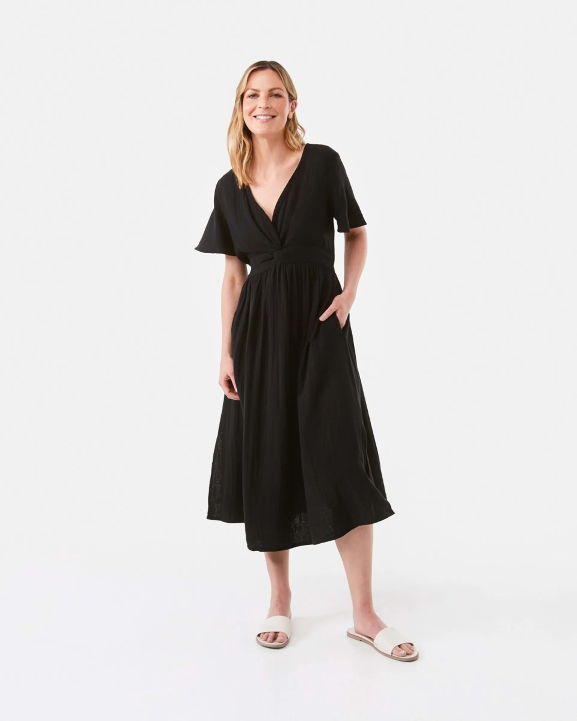 Short Sleeve Twist Front Midi Dress