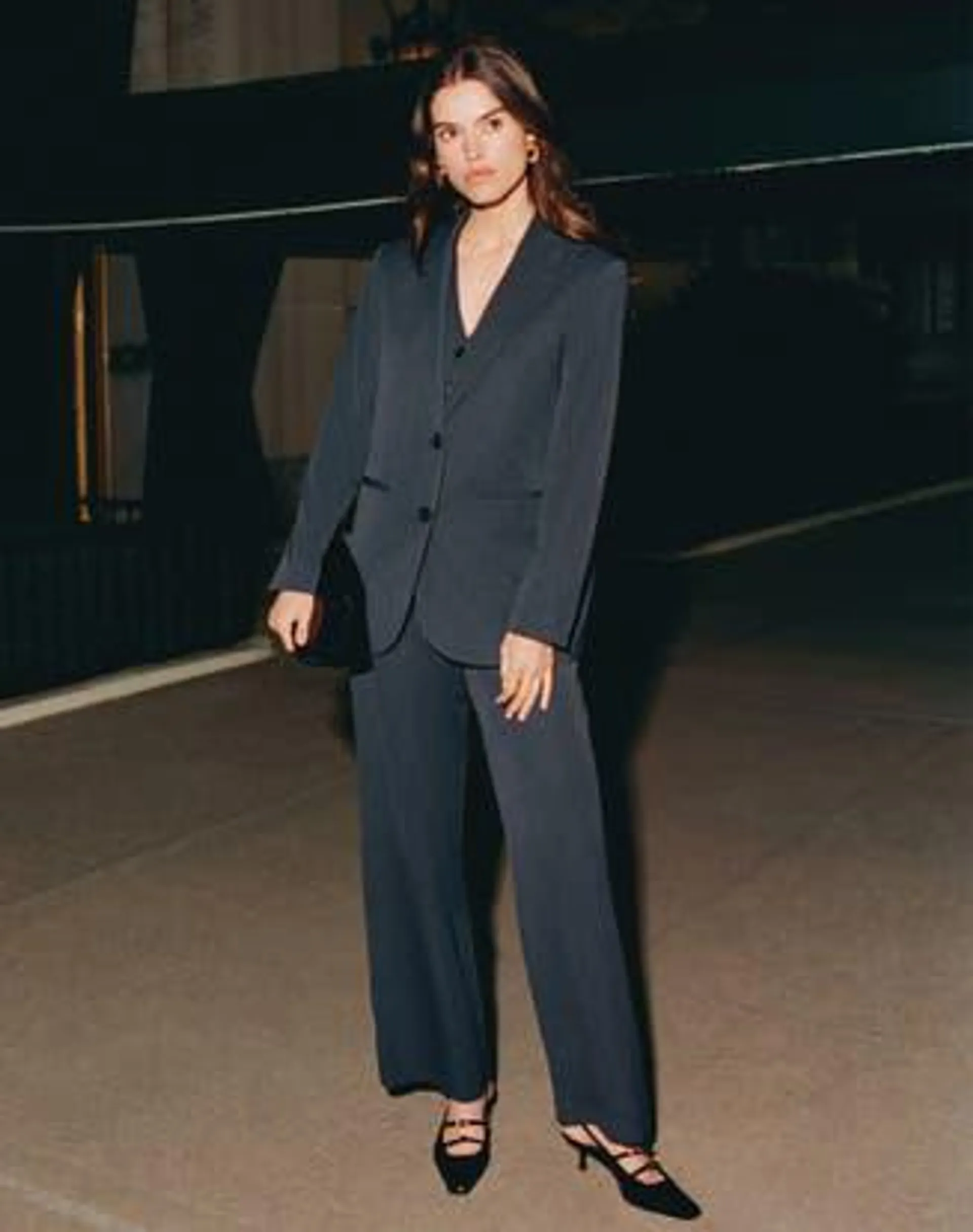 Mid Rise Pinstripe Tailored Wide Leg Pant