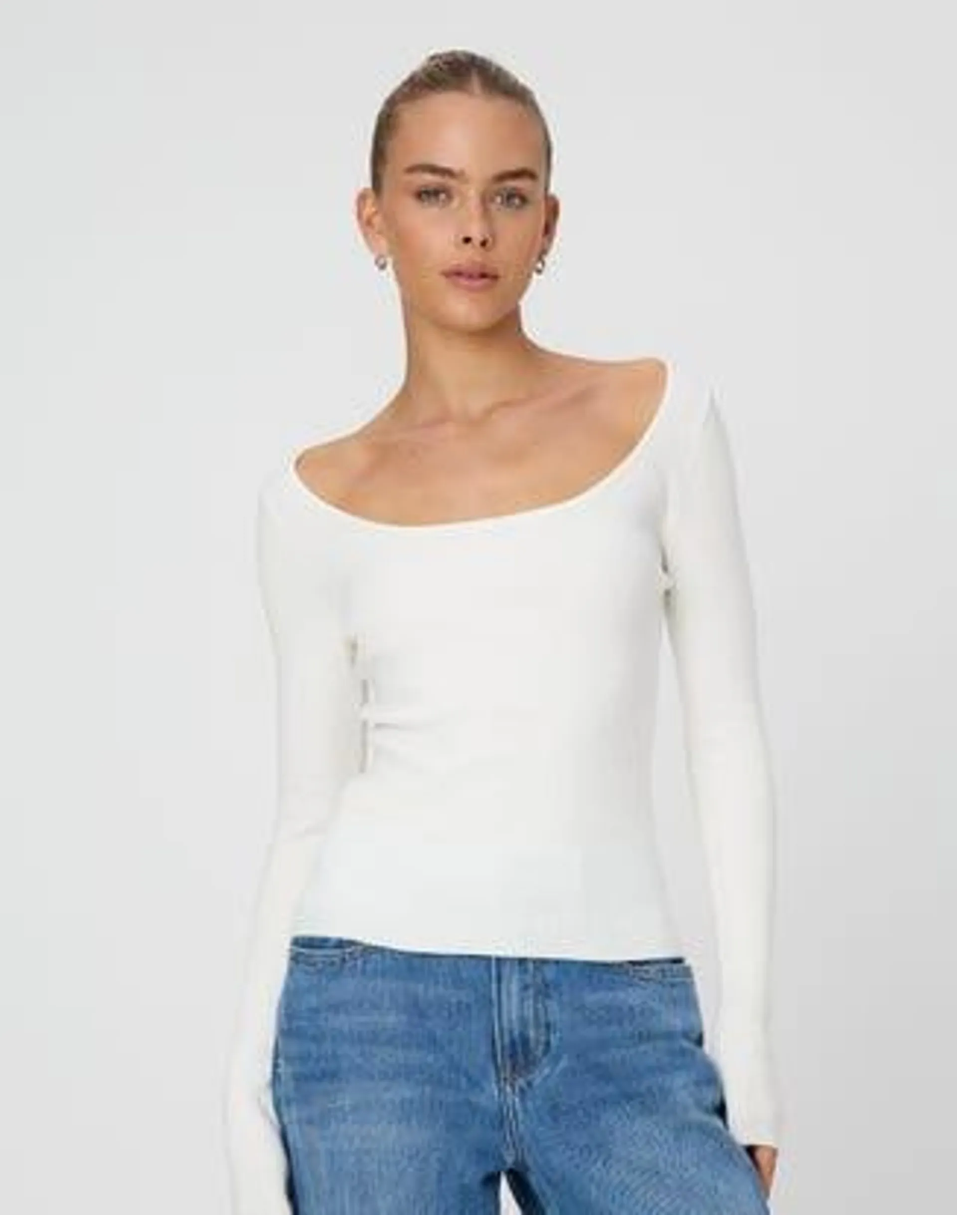 Wide Scoop Neck Long Sleeve Top