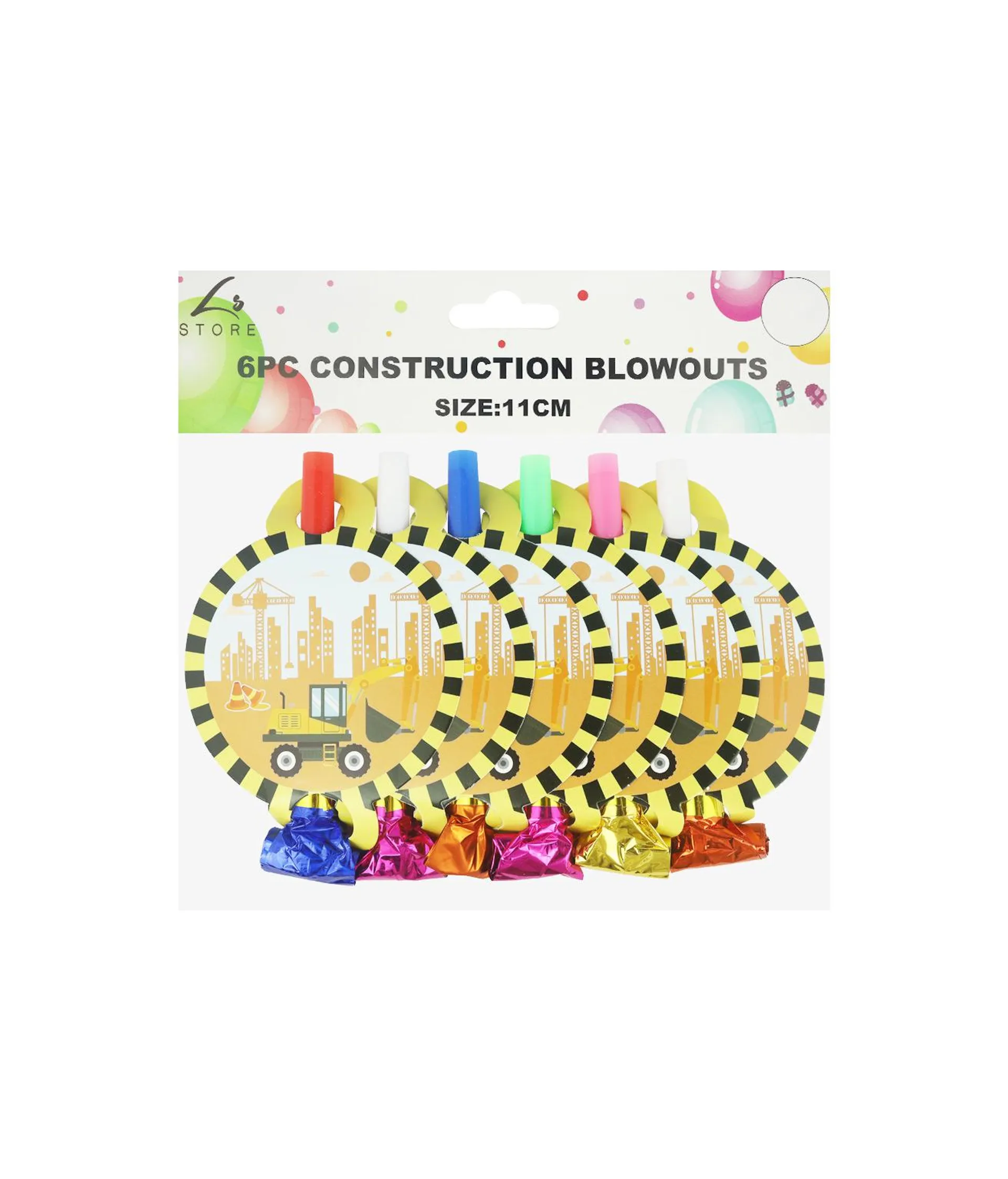 Construction Party Blowouts With Face Card 11cm 6pk