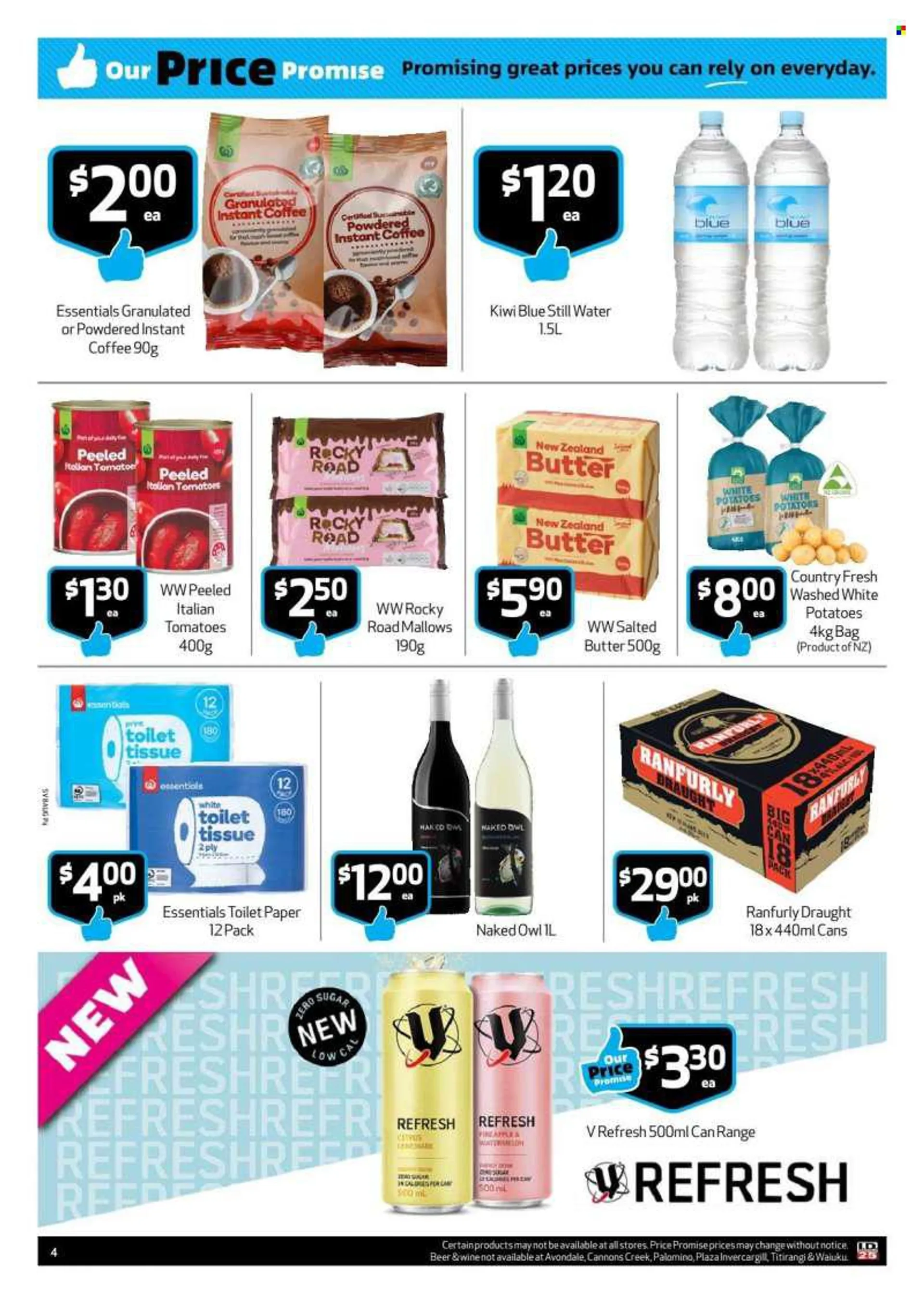 SuperValue mailer - 08.08.2022 - 14.08.2022 - Sales products - tomatoes, potatoes, kiwi, watermelon, butter, salted butter, marshmallows, lemonade, energy drink, mineral water, bottled water, instant coffee, wine, beer, toilet paper, essentials. Page 4.