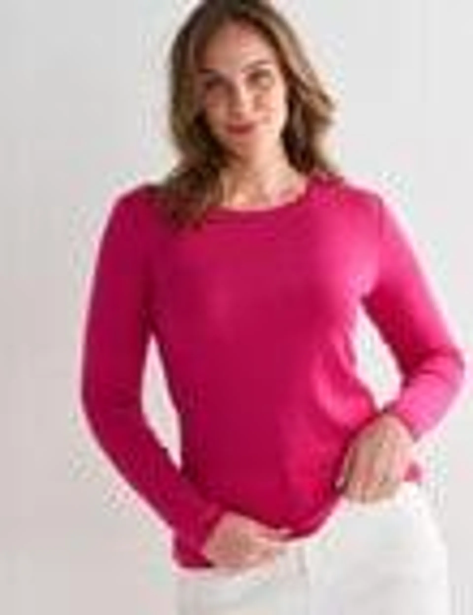 North South Merino Long Sleeve Round Neck Top, Very Berry