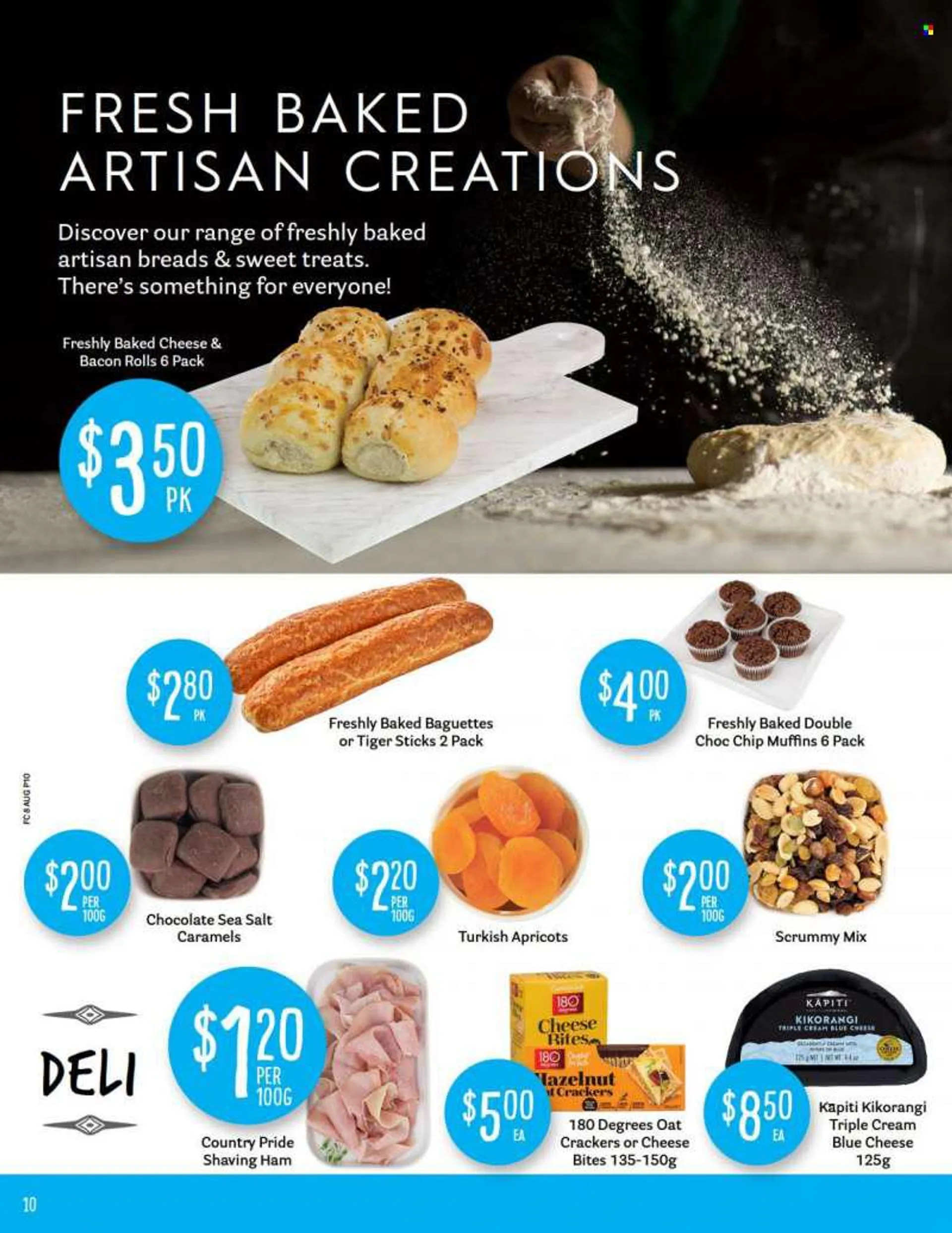 Fresh Choice mailer - 08.08.2022 - 14.08.2022 - Sales products - baguette, muffin, apricots, bacon, ham, blue cheese, KĀPITI, chocolate, crackers, oats. Page 10.