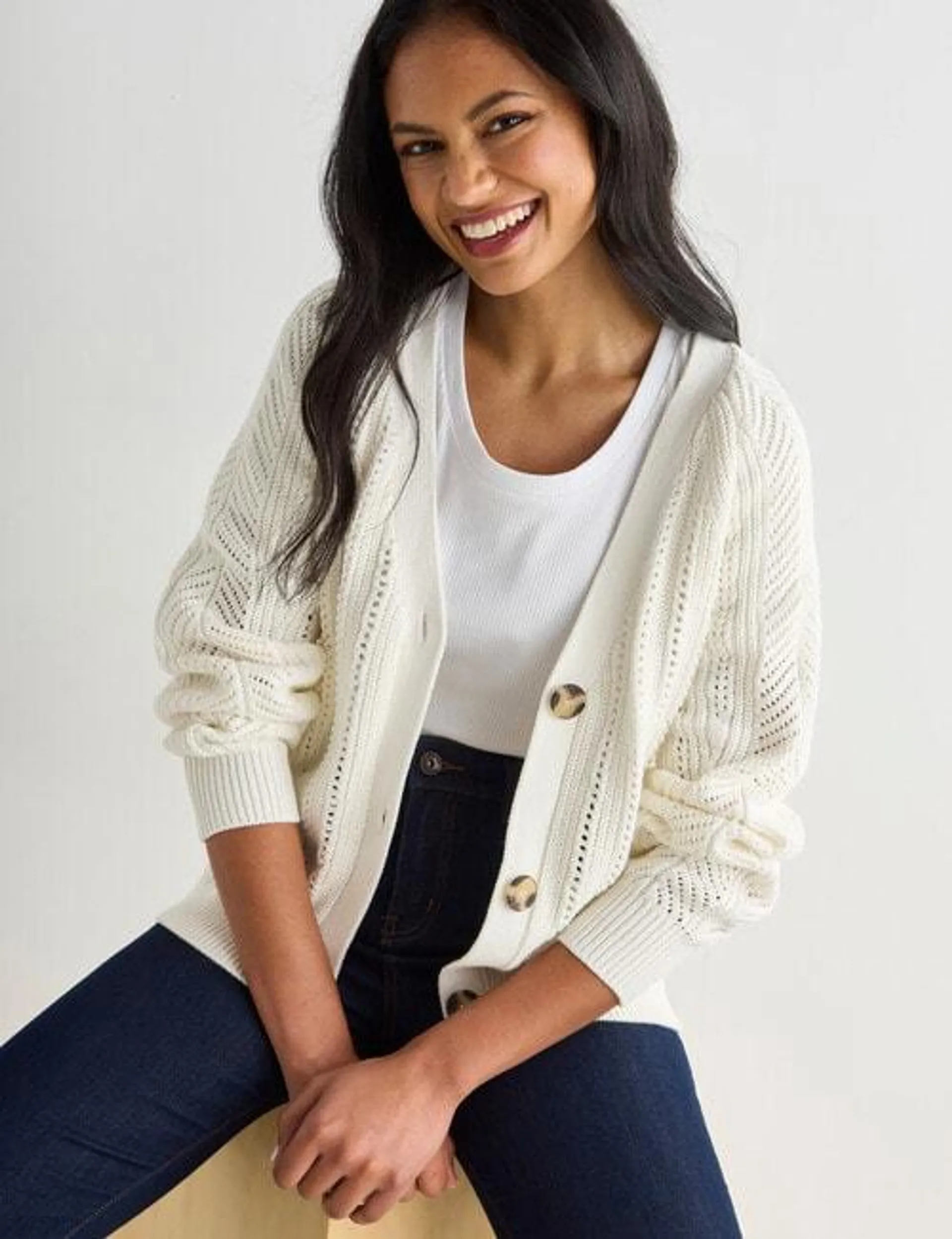 Zest Lace Cotton Cardigan, Ecru