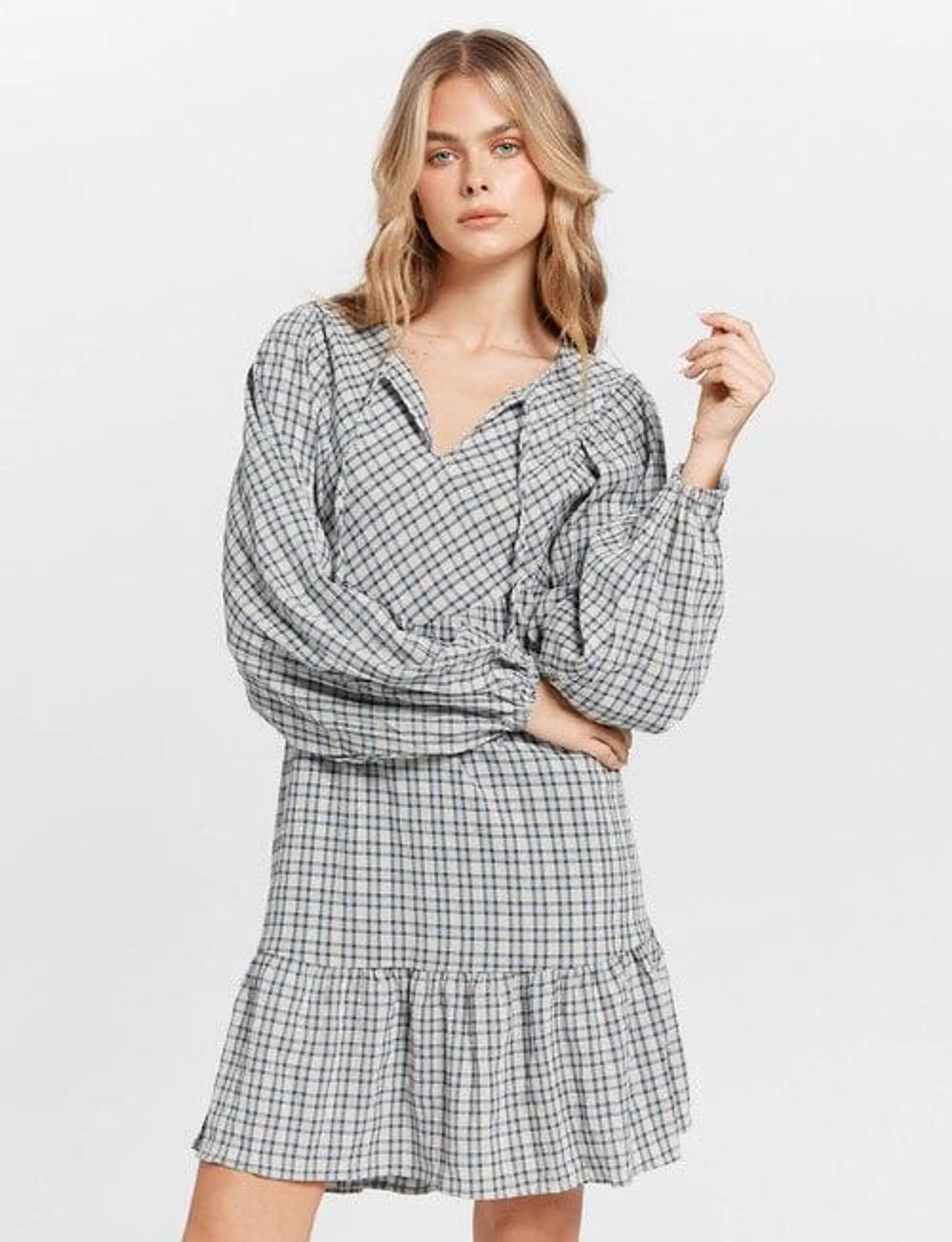 ONLY Nomi Long Sleeve V-Neck Check Dress, Blue Fog