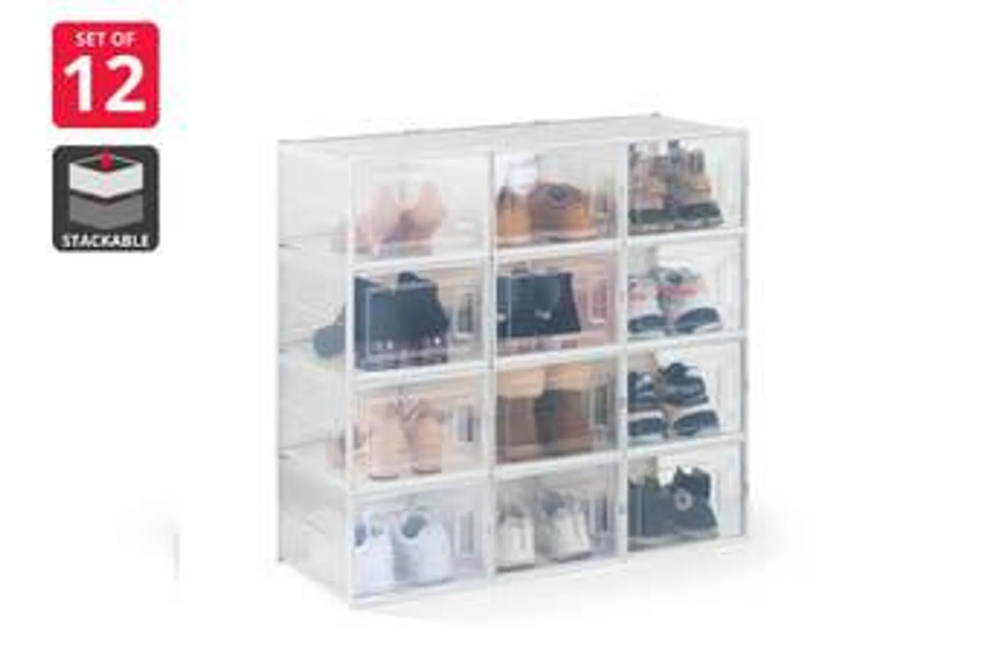 Ovela Set of 12 Click Shoe Storage Box (Large, Clear/White)